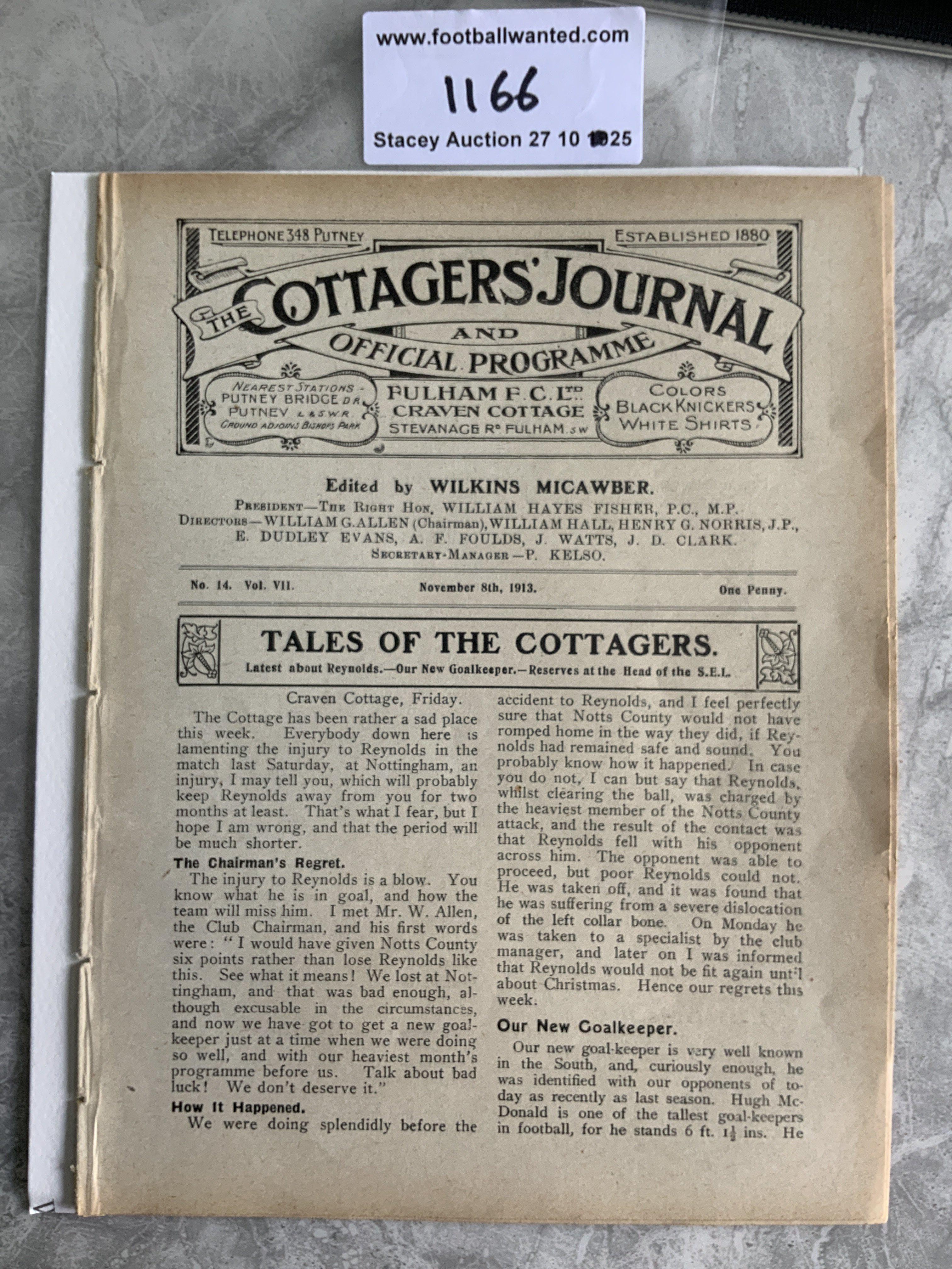 1913 - 1914 Fulham v Woolwich Arsenal Football Programme: First team 2nd Division League match with no team changes. Programme is ex bound lacking covers.