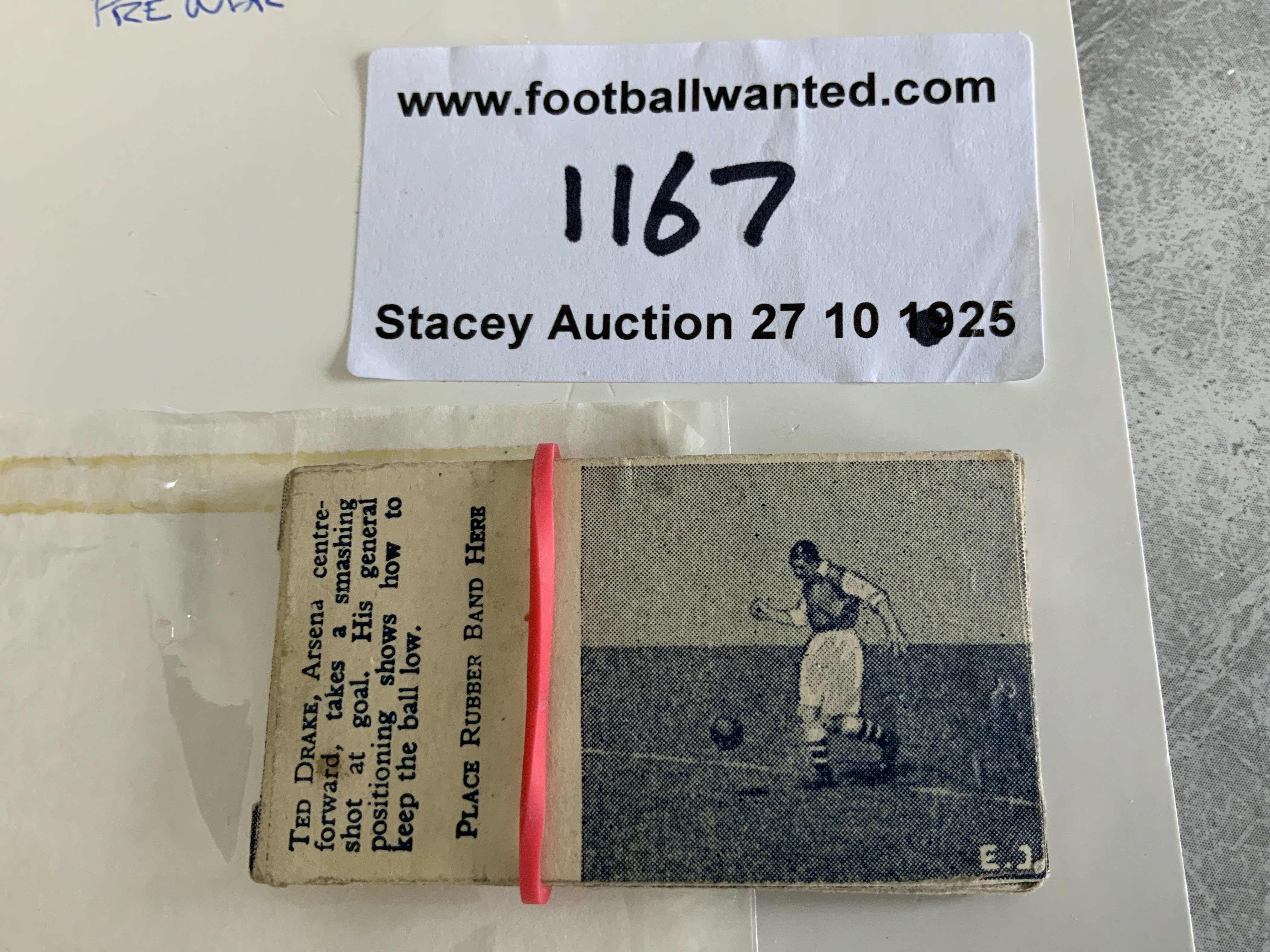 1935 Arsenal + Chelsea Football Photo Flick Cards: Set of 20 cards featuring action shots of Ted Drake one side and John Jackson the other. Cards instructions you where to put elastic band so you flick cards to see the player in action. Good for 90 years old.