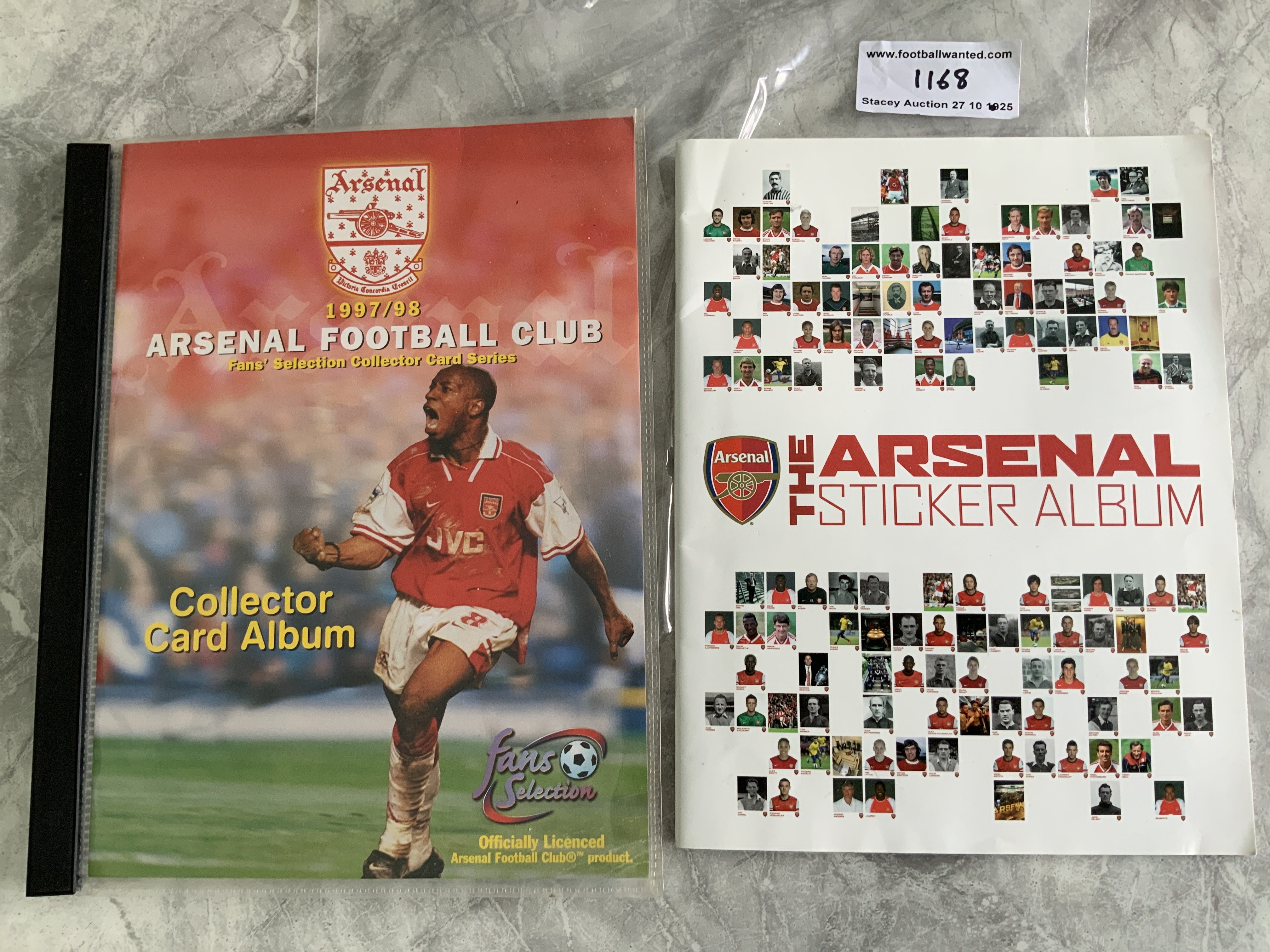 Arsenal Football Card Complete Albums: Arsenal sticker album from 2013/2014 complete and to include current team, legends, pictures of the stadium, Invincibles, 1989 league winning team etc. Other album is the 97/98 collector card album complete with check list made by Futera. (2)