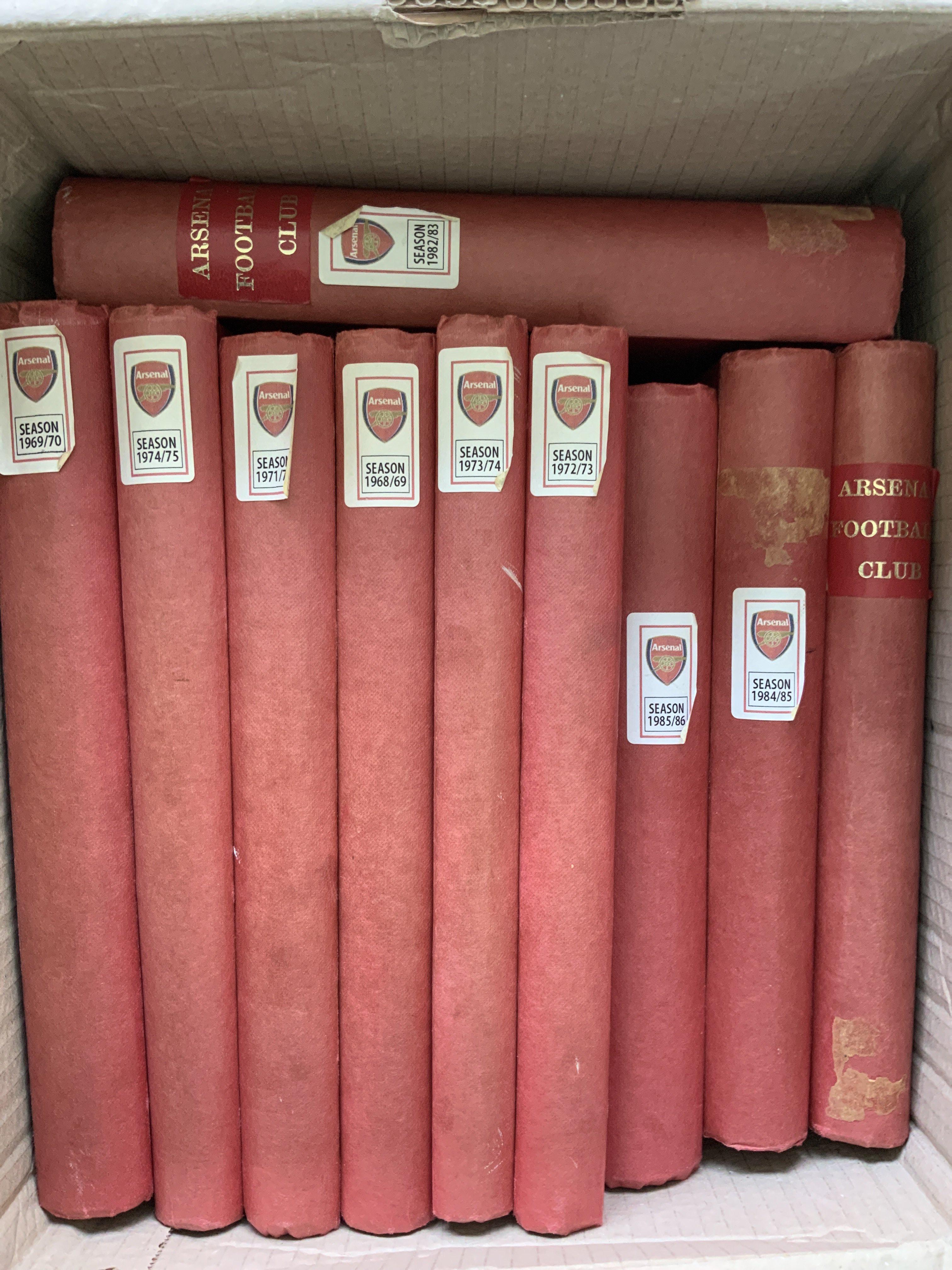 Arsenal Bound Volumes Of Football Programmes: Red board volumes of first team home programmes with covers. All programmes unwritten with nothing cut out. Seasons 68/69 69/70 71/72 -74/75 inclusive plus 82/83 to 85/86 inclusive. (10)