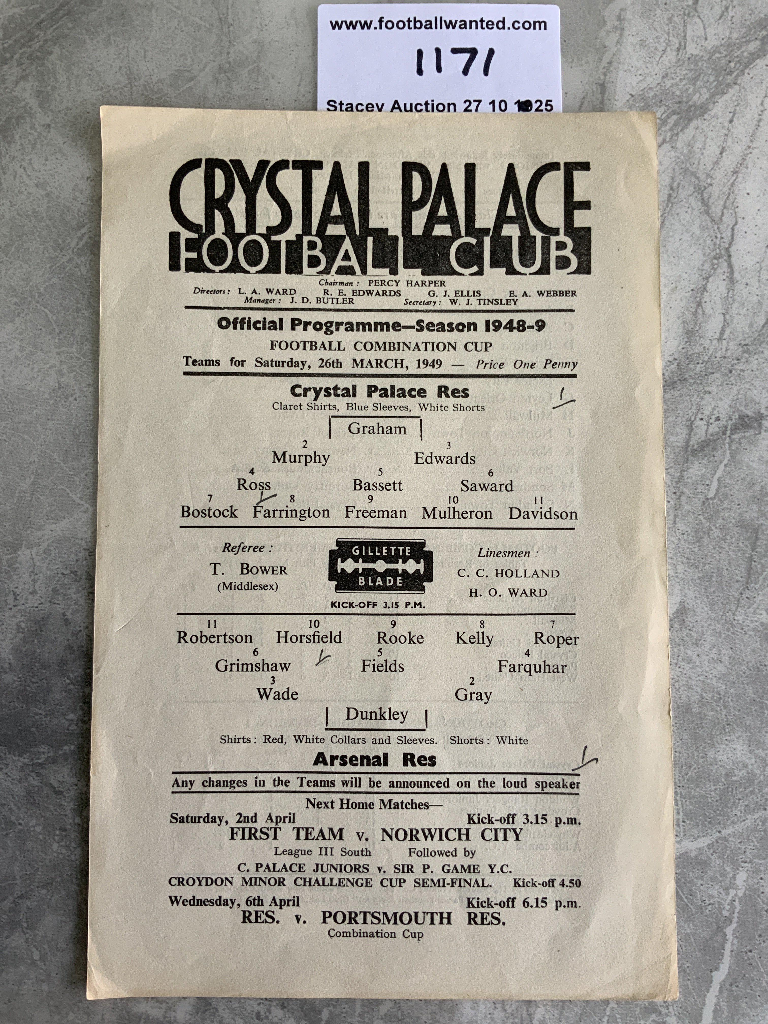 48/49 Crystal Palace v Arsenal Reserves Football Programme: Combination Cup match dated 26 3 1949. Excellent condition single sheet with score and scorers noted.