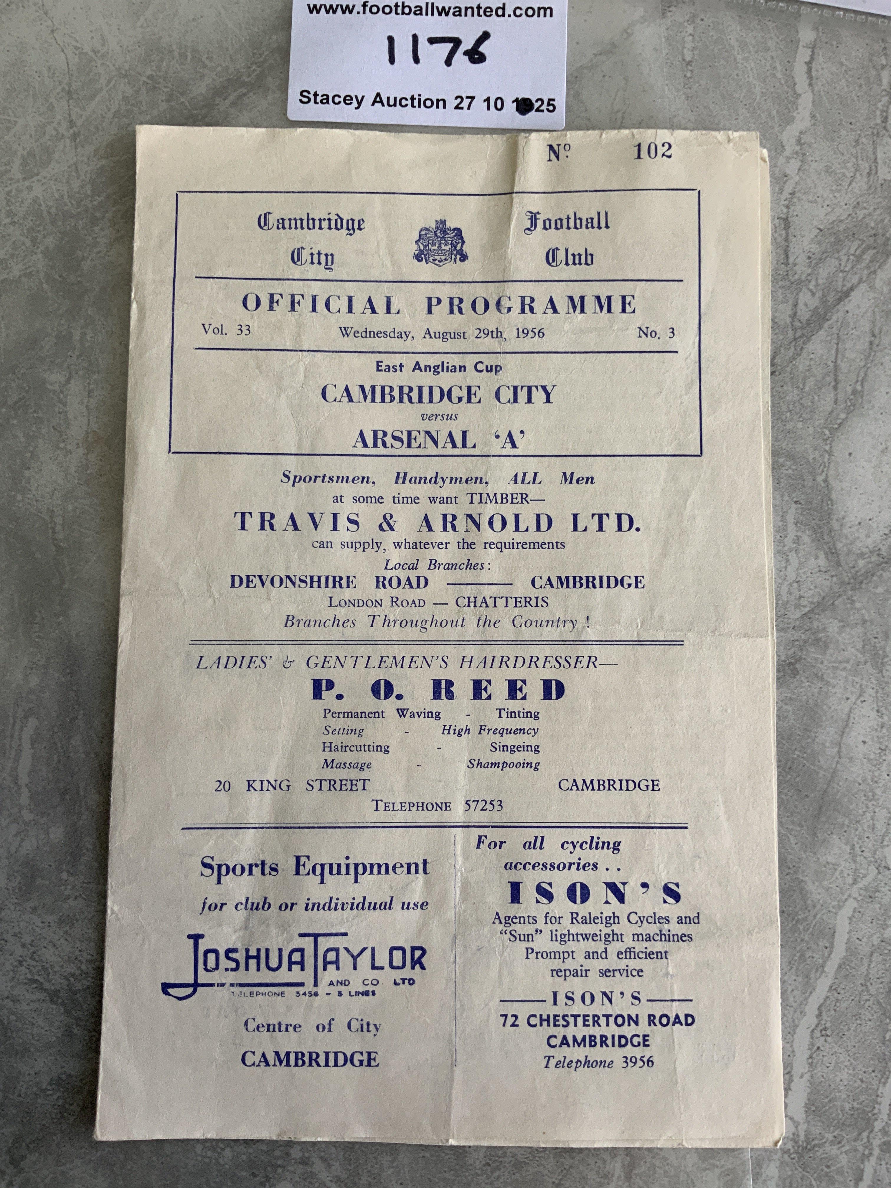 56/57 Cambridge City v Arsenal A Football Programme: East Anglian Cup match in good condition with no team changes. Dated 29 8 1956.
