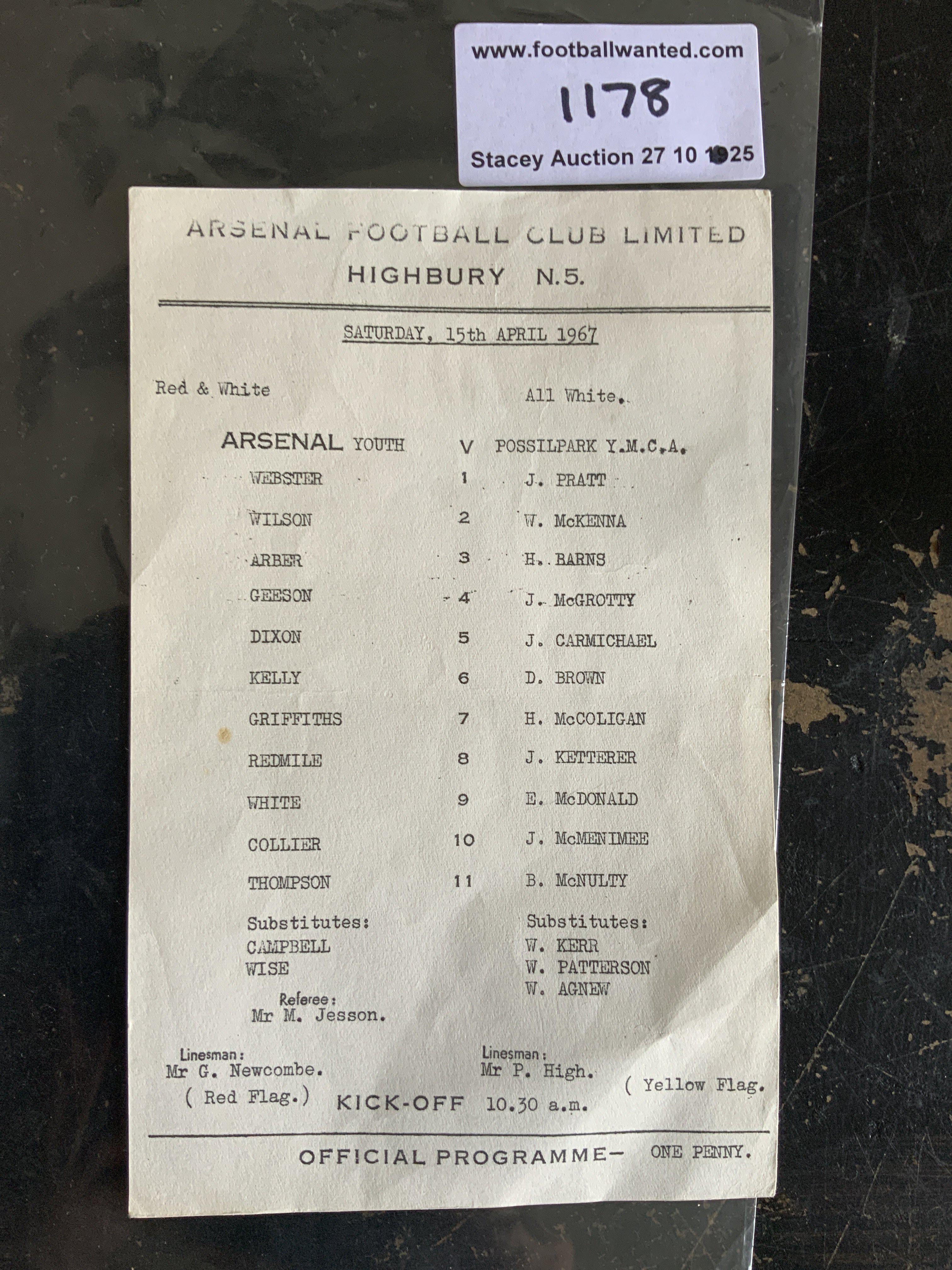 66/67 Arsenal Youth v Possilpark YMCA Football Programme: Excellent condition single sheet dated 15 4 1967 with no team changes.