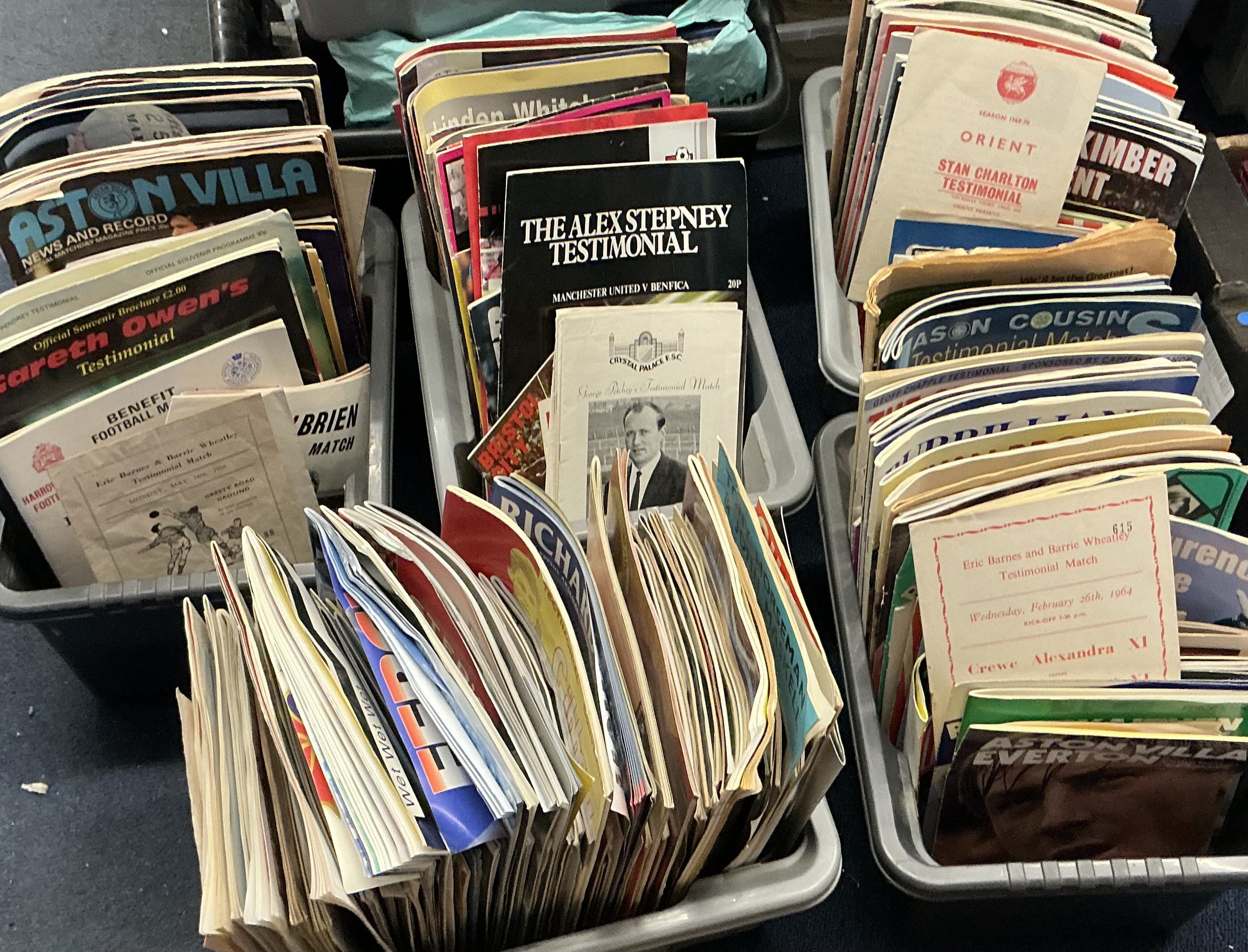 Testimonial Football Programmes: Massive collection in 3 boxes from the late 50s onwards. Wide range of clubs in very good condition. Instructions to sell. (350+)