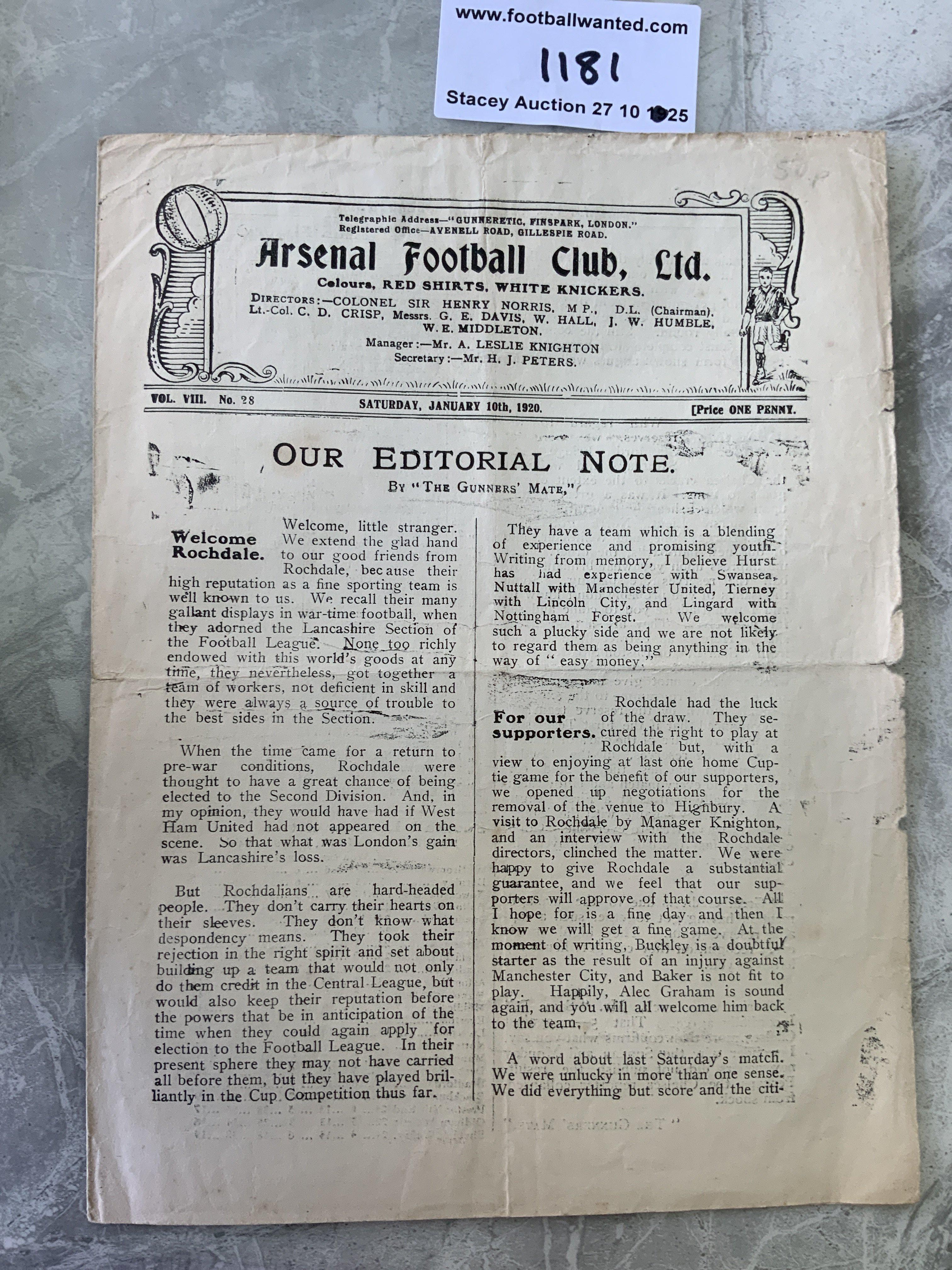 1919 - 1920 Arsenal v Rochdale FA Cup Football Programme: Fair condition 4 pager for FA Cup match on 10 1 1920. Slight tear on folding and small wear to right edge. No team changes. This is the only time the clubs have met.