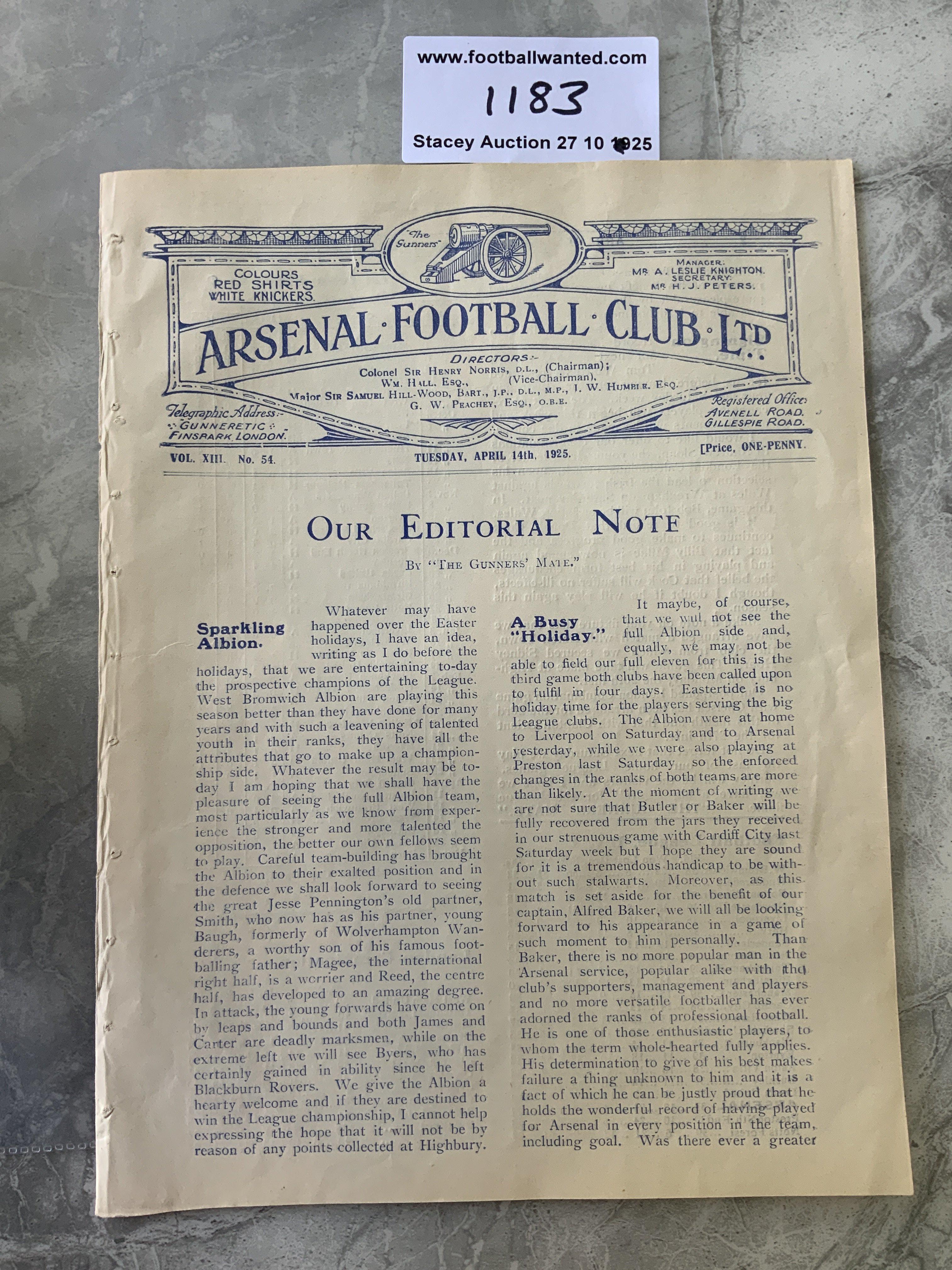 1924 - 1925 Arsenal v West Brom Football Programme: Excellent condition ex bound 4 pager for league match 14 4 1925. Printed in blue making it quite attractive. No team changes.