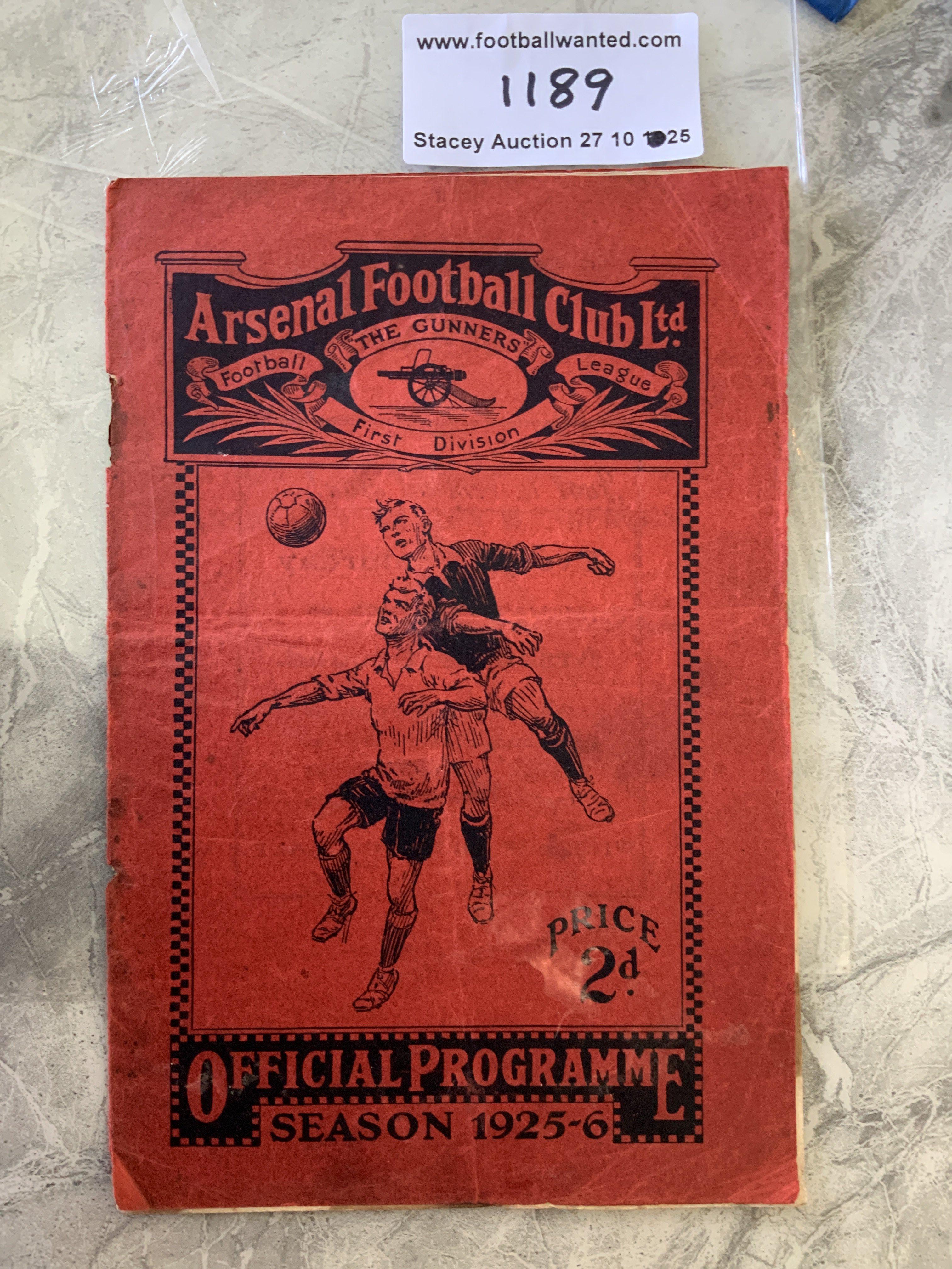 1925 - 1926 Arsenal v Liverpool Football Programme: Poor/fair condition league match dated 10 10 1925. Rusty staples and staining throughout white inside pages. Writing to team page.