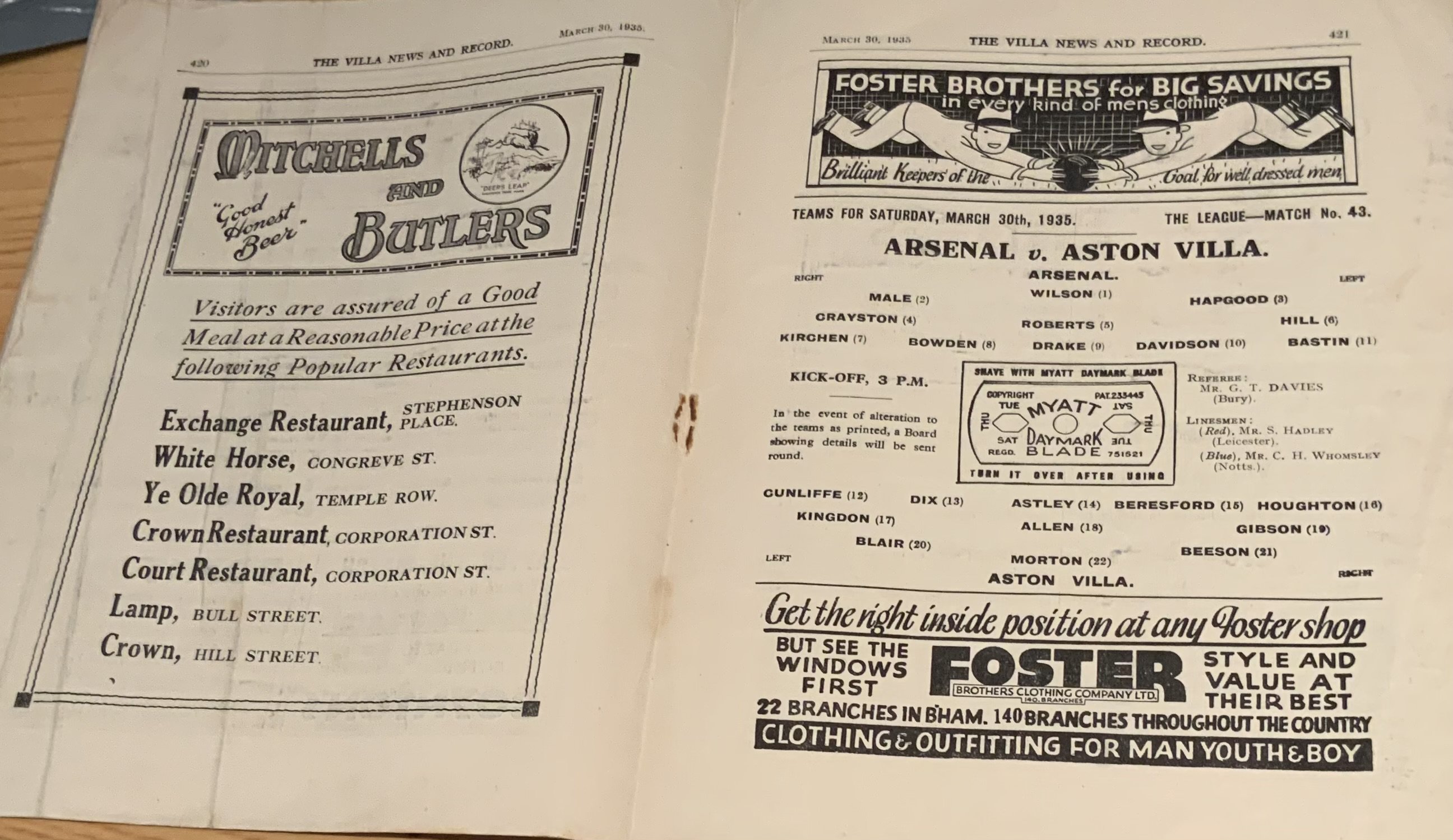 1934 - 1935 Aston Villa v Arsenal Football Programme: Rusty staple holding firm. League match dated 30 3 1935. No team changes. Good. (1)