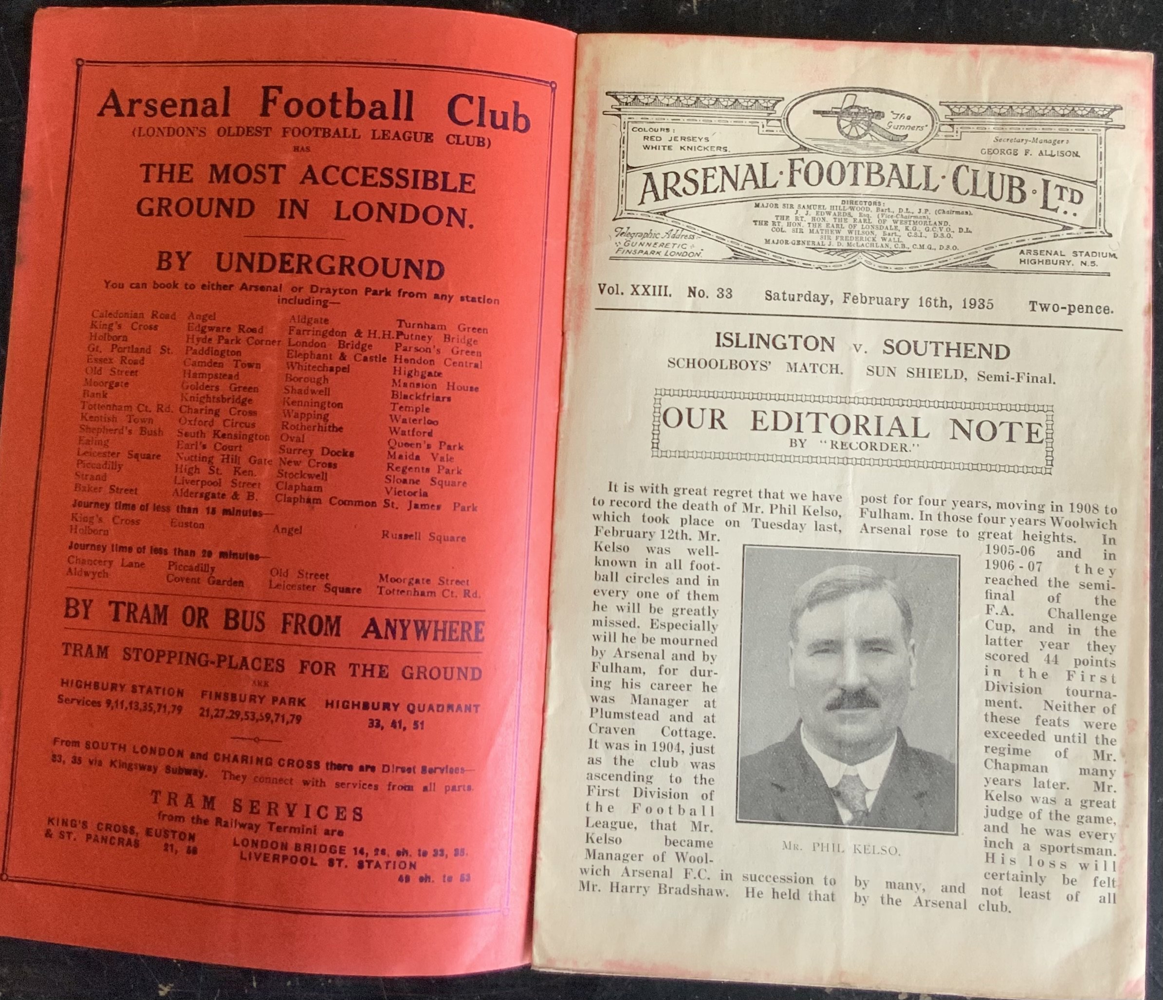 1934 - 1935 Islington v Southend At Arsenal Football Programme: Rusty staples holding firm. Sun shield match dated 16 2 1935. No team changes. Good.