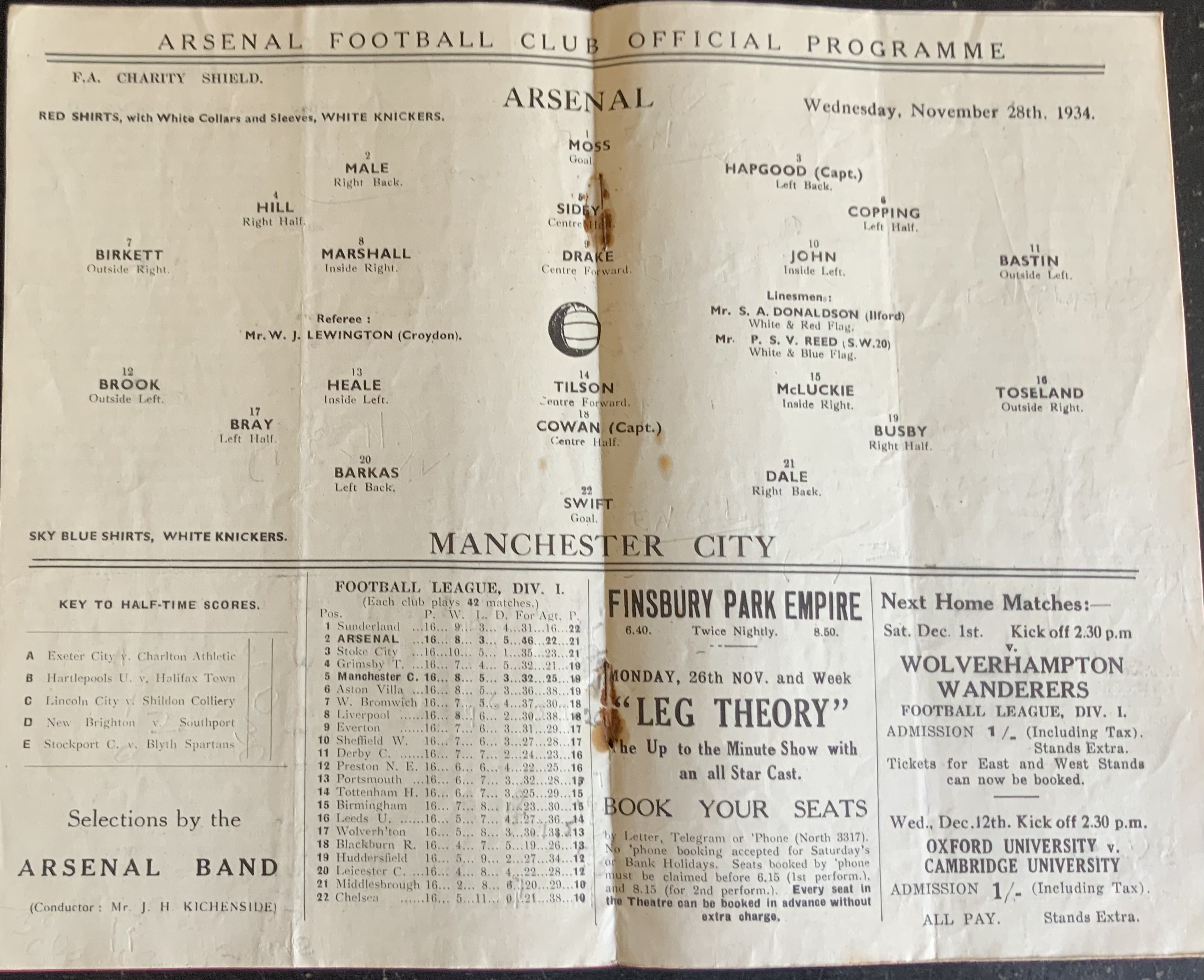1935 Charity Shield At Arsenal Football Programme: Arsenal v Manchester City. Rusty staples holding firm. Match dated 28 November 1934. No team changes. Good.