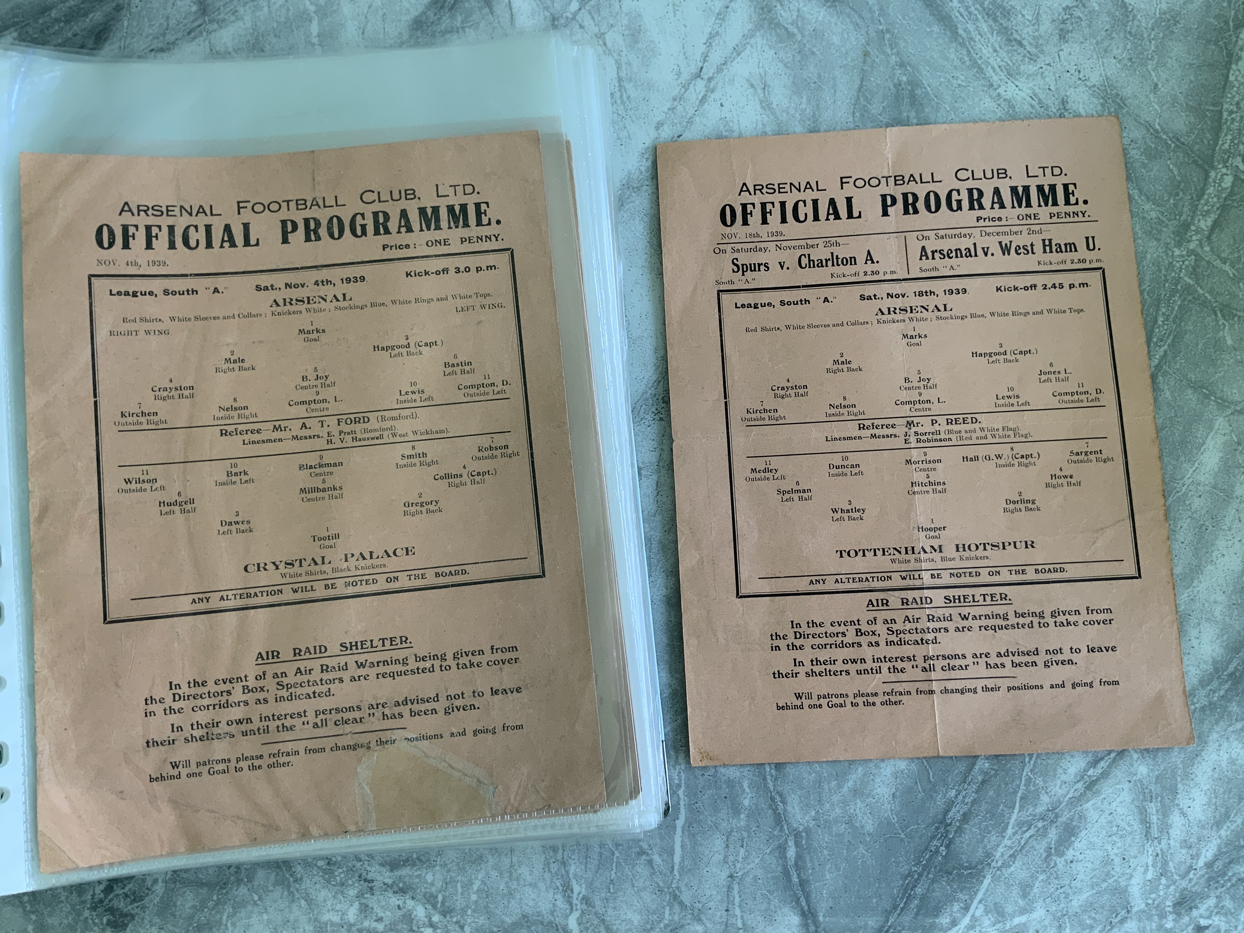 Arsenal 39/40 Home Football Programmes: Good condition single sheets from the newly formed league after outbreak of the war. Includes Charlton (2 different) Crystal Palace Tottenham West Ham (2 different) Clapton Orient Norwich Brentford Millwall Chelsea Portsmouth and War Cup v Crystal Palace and Birmingham. Some played at Tottenham and often with no writing. Rare chance. (14)