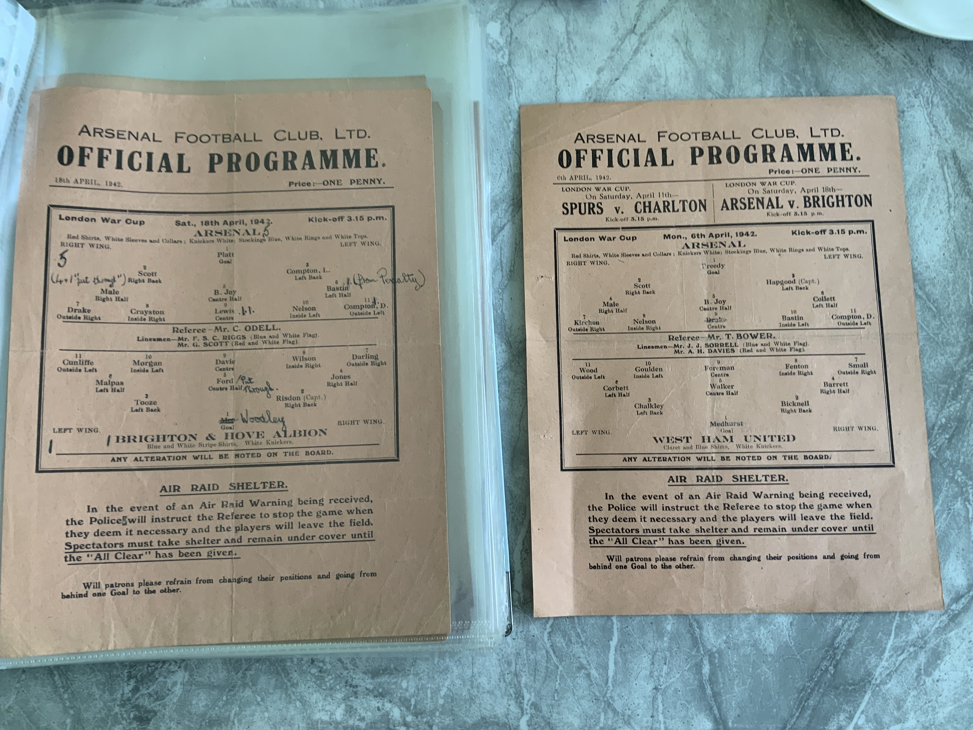 Arsenal 41/42 Complete Home Football Programmes: Good condition single sheets. Includes London War League v Crystal Palace Tottenham Chelsea West Ham Aldershot Clapton Orient QPR Reading Brentford Fulham Portsmouth Charlton Watford Millwall Brighton London War Cup v Clapton Orient West Ham Brighton Brentford semi final and semi final replay at Chelsea and friendly v RAF. Some have team changes. 12 have no writing. (21)