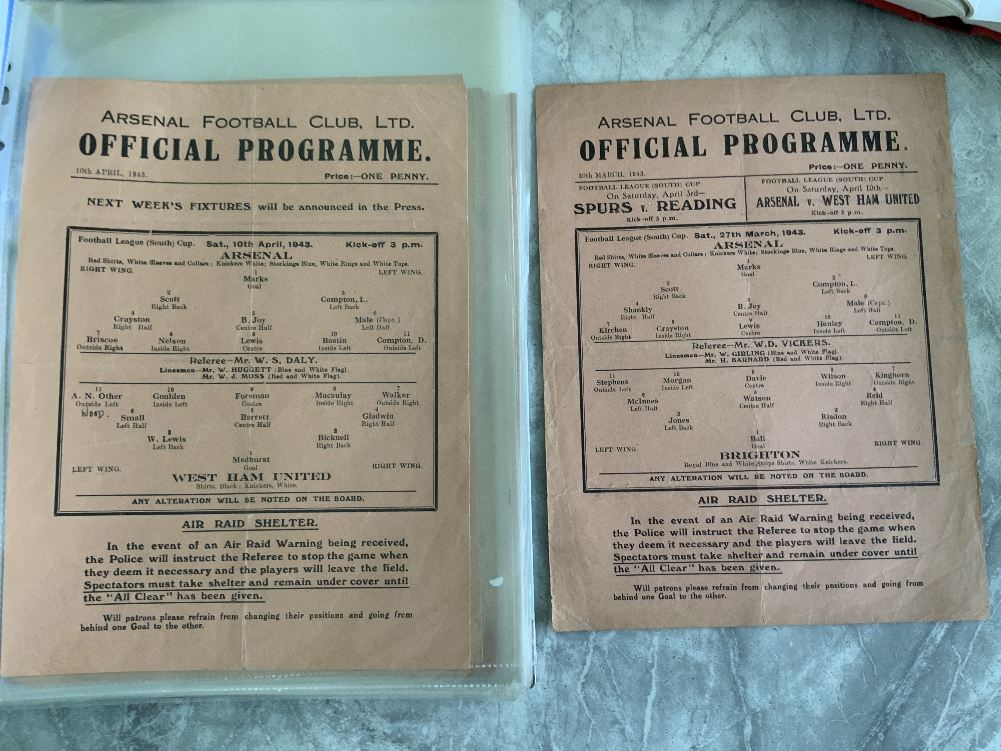 Arsenal 42/43 Complete Home Football Programmes: Single sheets to include League matches v Southampton Luton Brentford Reading QPR Charlton Millwall Chelsea Portsmouth Fulham Clapton Orient Crystal Palace Tottenham Aldershot and Cup v Watford Brighton West Ham. 4 have punch holes and some have team changes but mainly good. (17)