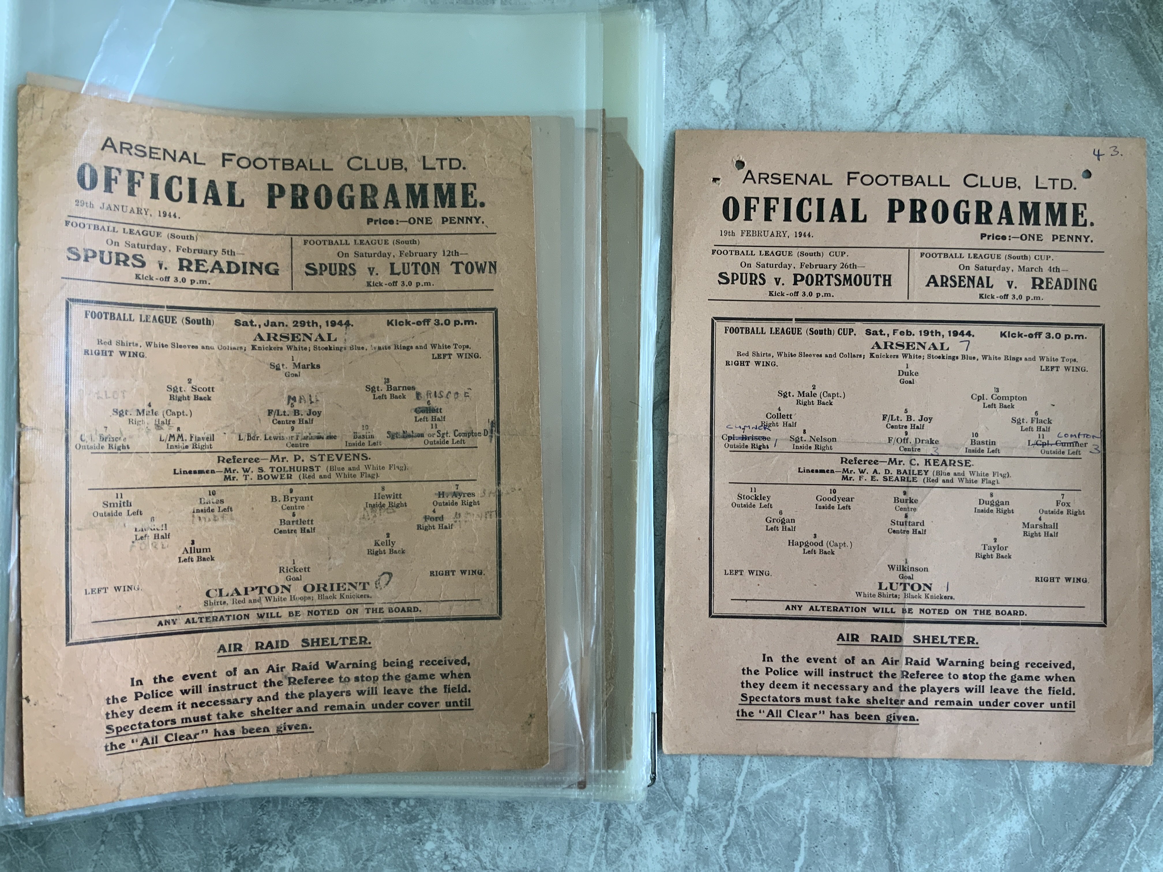 Arsenal 43/44 Complete Home Football Programmes: Single sheets to include League matches v Southampton Portsmouth Brentford Watford Chelsea QPR Charlton West Ham Millwall Fulham Clapton Orient Crystal Palace Brighton Tottenham Aldershot and Cup v Luton Reading QPR. Some have team changes a couple have punch holes but mainly fair/good. (18)