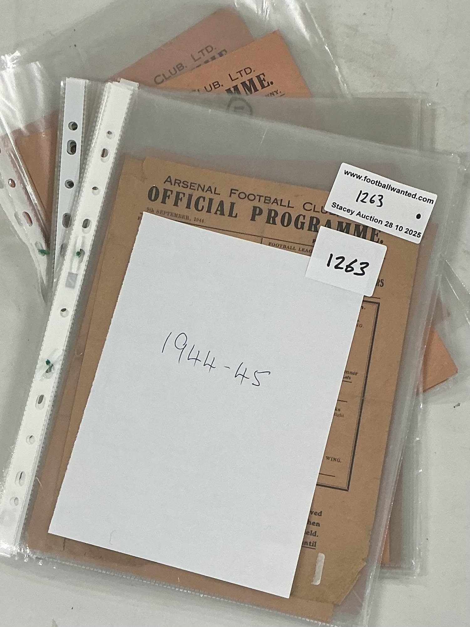 Arsenal 44/45 Complete Home Football Programmes: Single sheets to include League matches v Aldershot QPR Brighton West Ham Charlton Watford Luton Tottenham Brentford Southampton Millwall Fulham Crystal Palace Reading Chelsea and Cup v Clapton Orient Reading Portsmouth. Some have team changes a couple are poor but mainly good. (18)