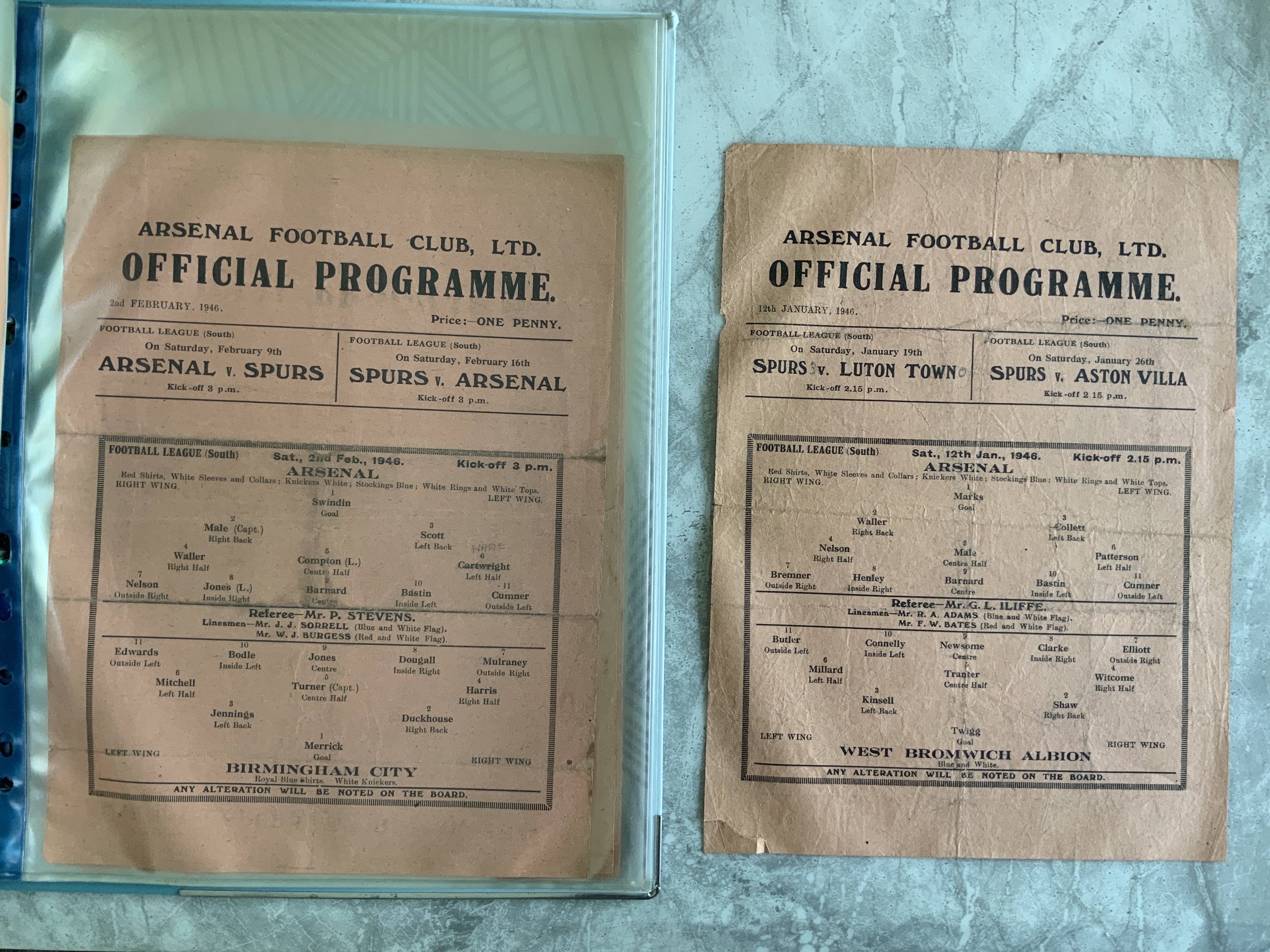 Arsenal 45/46 Complete Home Football Programmes: Single sheets to include League matches v Coventry Luton Aston Villa Swansea Charlton Fulham Plymouth Dynamo Moscow (friendly) official and pirate Portsmouth Notts Forest Newport Wolves West Brom Birmingham Tottenham Chelsea Millwall Southampton Leicester Derby Brentford West Ham and FA Cup v West Ham. Some have team changes but mainly good. (24)