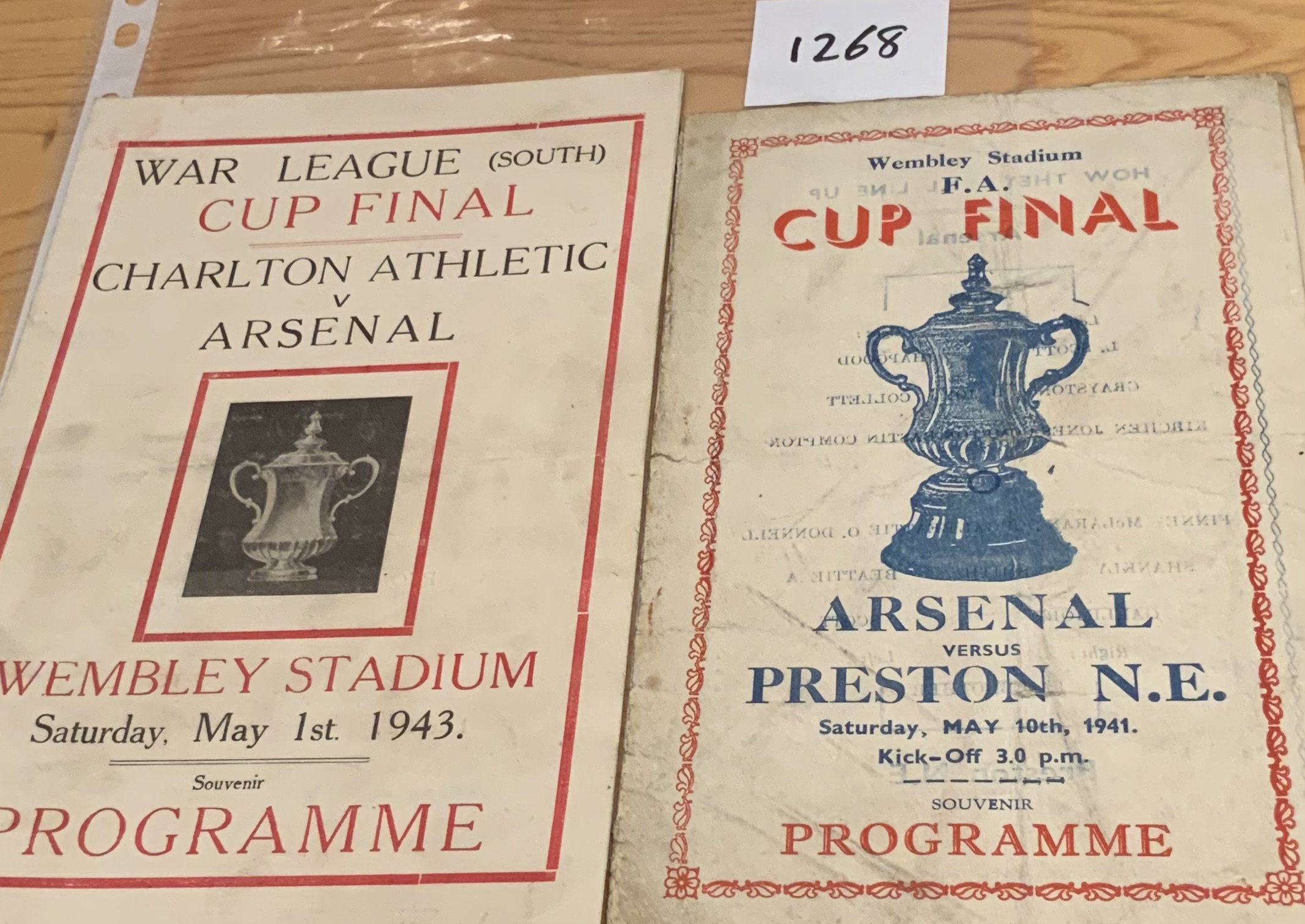 1941 + 1943 Arsenal War Cup Finals Pirate Programmes: Matches dated 10 May 1941 v Preston and 1 May 1943 v Charlton with team changes. Good to fair. (2)