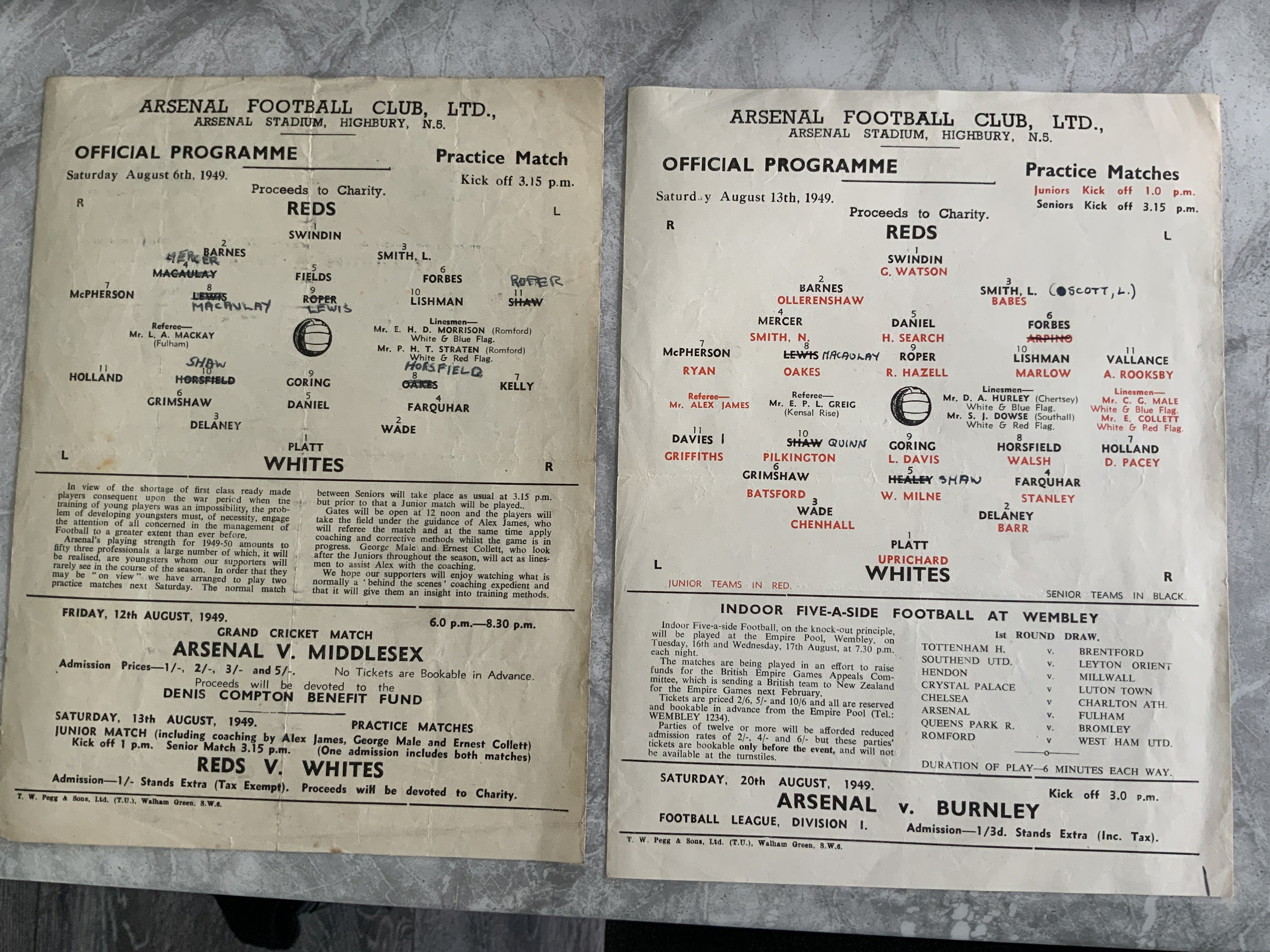 1949 Arsenal Practice Match Football Programmes: 6 8 1949 with folding and 13 8 1949. Both good with team changes. (2)