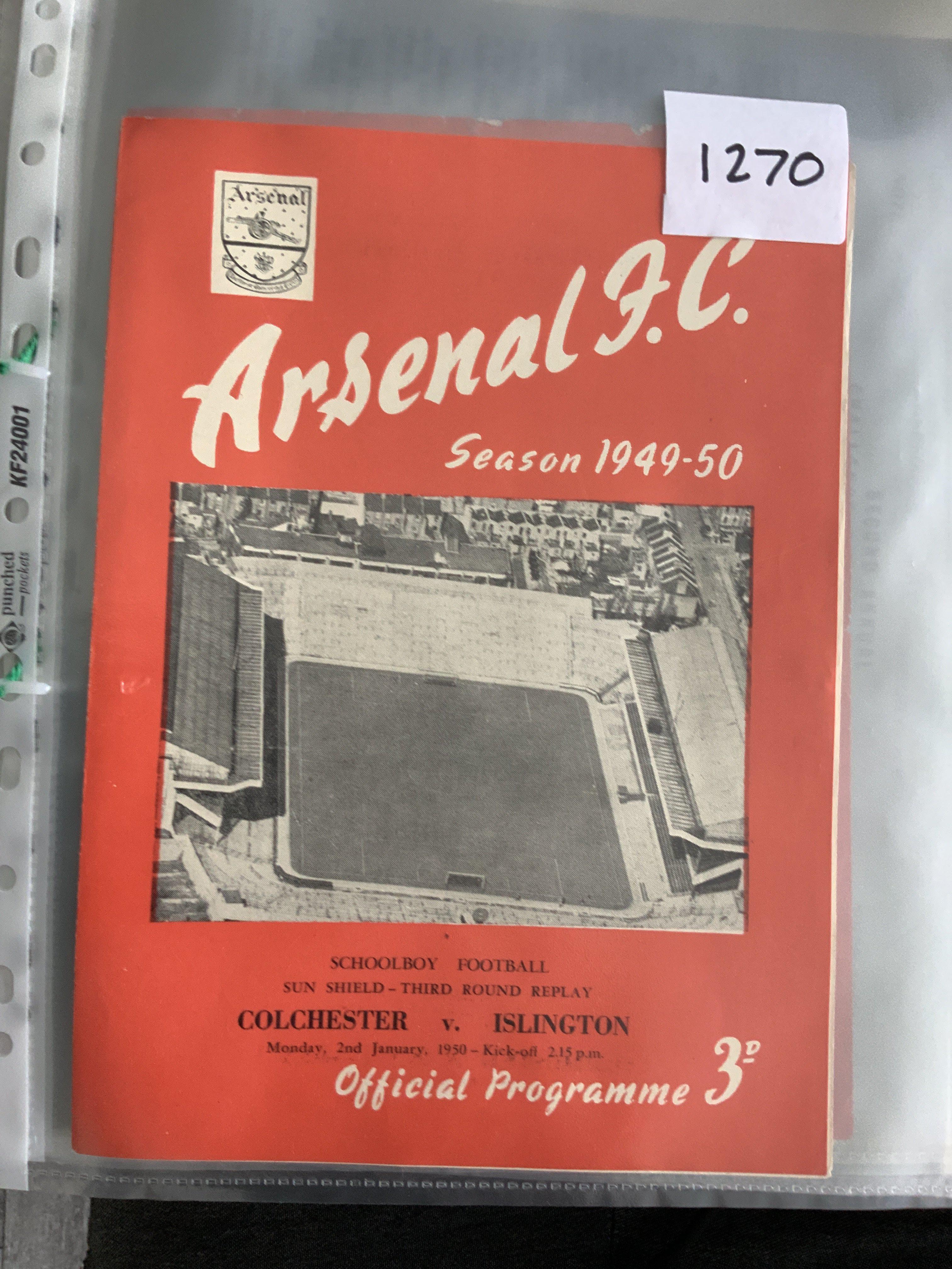 49/50 Football Programmes Played At Arsenal: Colchester v Islington Boys, Wembley v Islington Bower Cup SF replay ex bound, Islington v Edmonton Bower Cup final poor, Brentford v Chelsea London FA Cup final, Eton Manor v Fairbairn House, Dulwich v Hounslow London Senior Cup final tear, Essex v Middlesex Youth County Cup final, England v Germany Youth, Denis Compton cricket match and magazine. Good unless stated. (10)