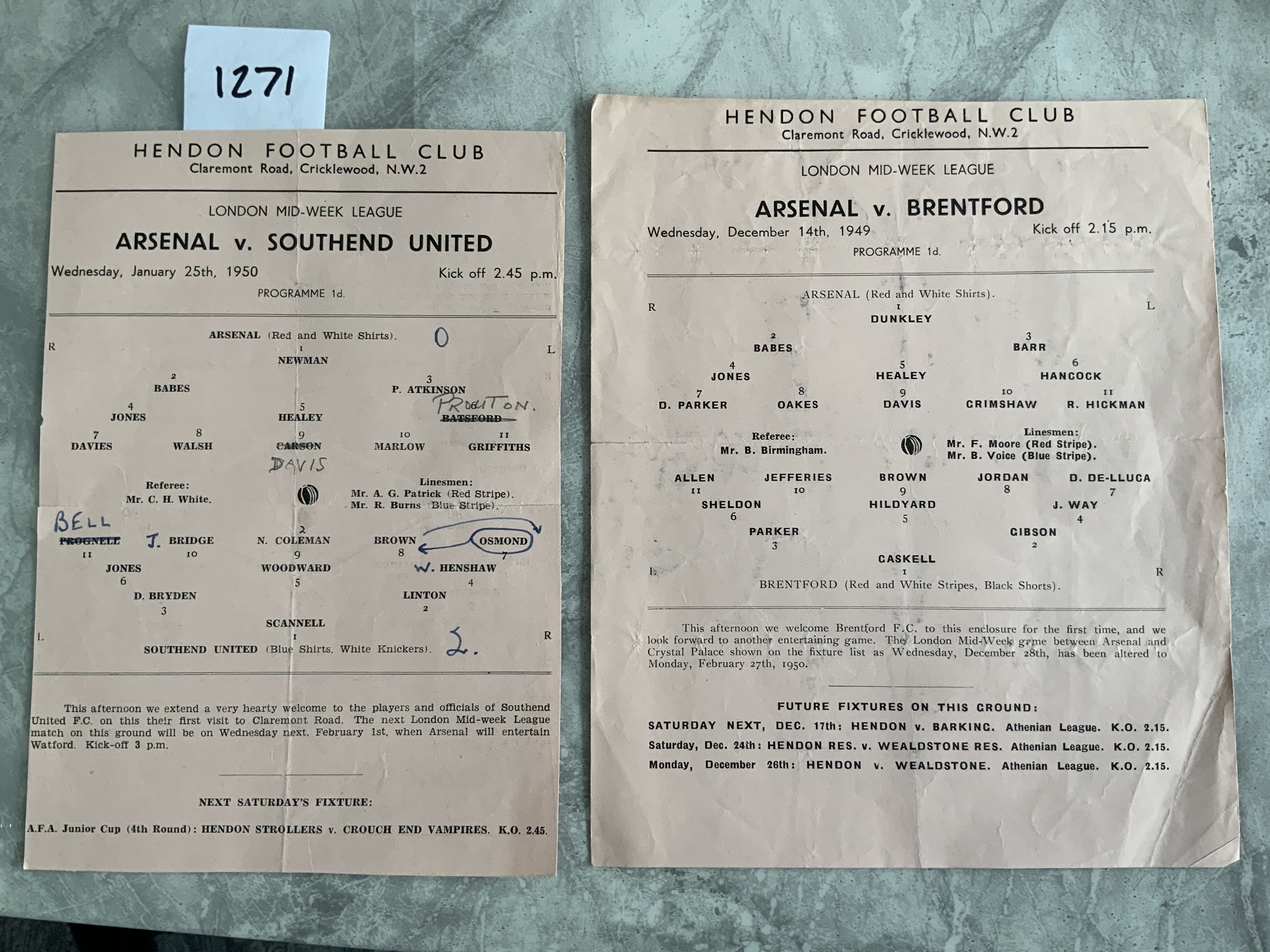 49/50 Arsenal v Brentford + Southend LMWL Football Programme: Pink single sheets played at Hendon. Brentford dated 14 12 1949 is very good with no team changes and Southend dated 25 1 1950 has been trimmed and has team changes. (2)