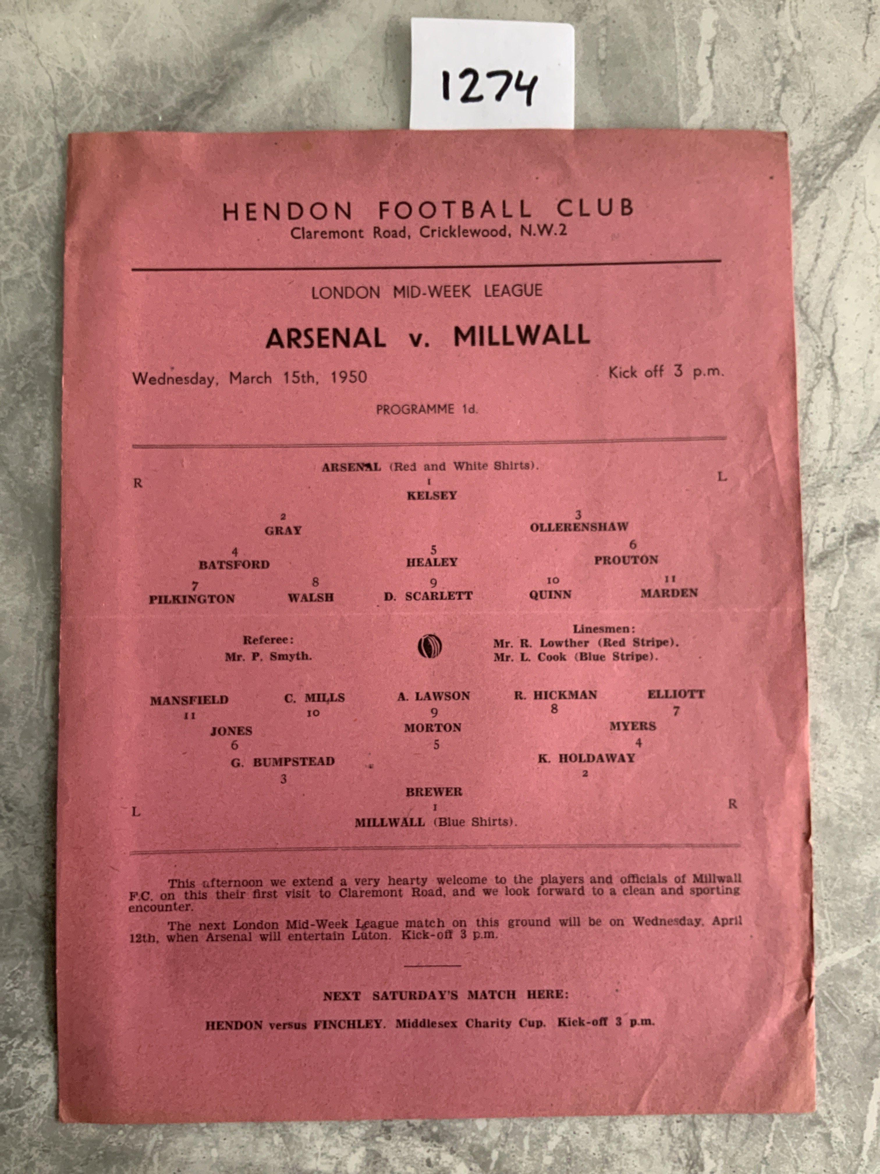49/50 Arsenal v Millwall LMWL Football Programme: Pink single sheet for match played at Hendon dated 15 3 1950. In excellent condition with no team changes.