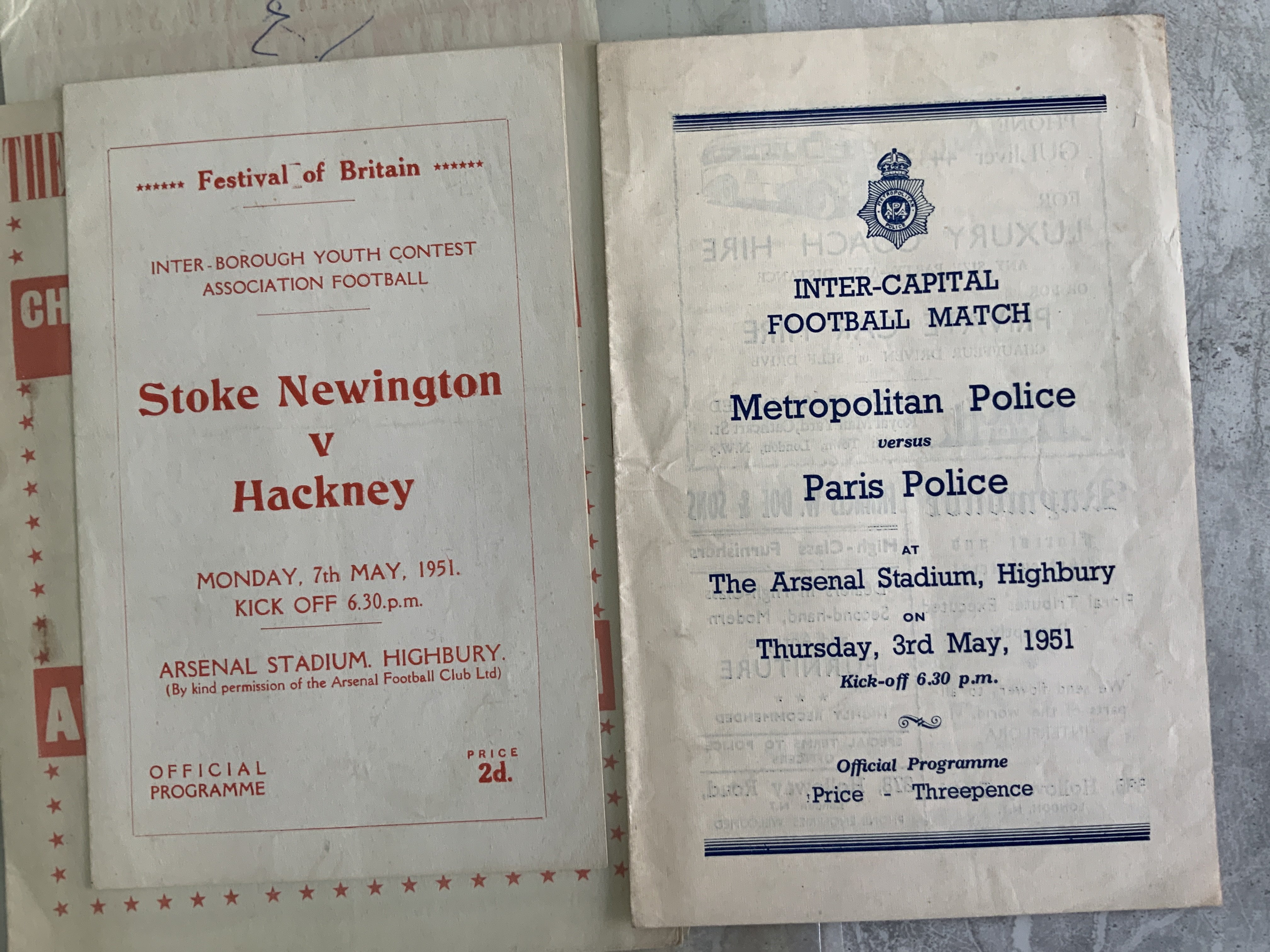 50/51 Football Programmes Played At Arsenal: FA X1 v The Army, QPR v The Army, Hendon v Bromley London Amateur Senior Cup Final, Met Police v Paris Police, Stoke Newington v Hackney Youth, Boxers v Jockeys including advertising poster. Good. (7)