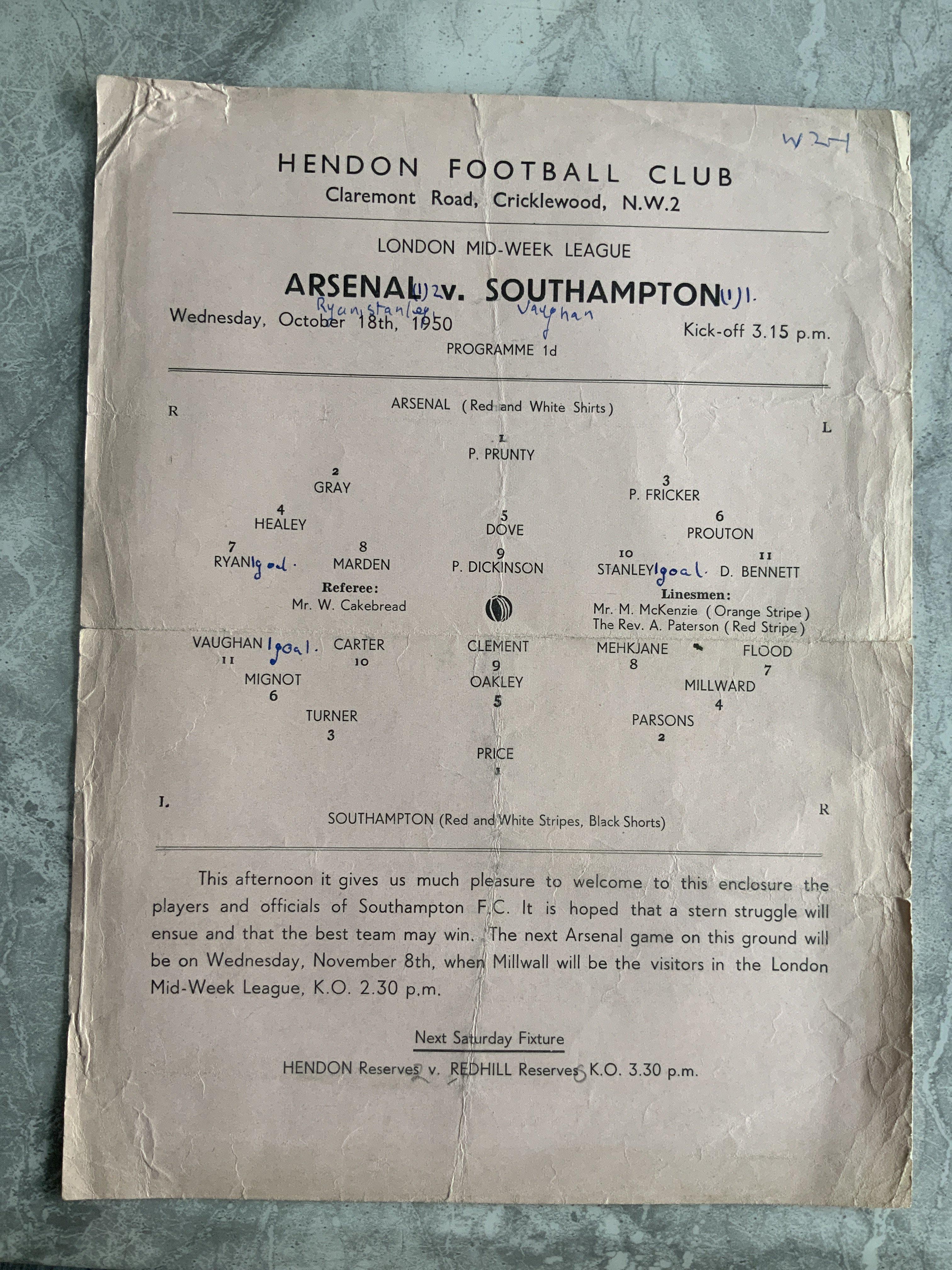 50/51 Arsenal v Southampton LMWL Football Programme: Pink single sheet for match played at Hendon dated 18 10 1950. Writing and a tear on fold.