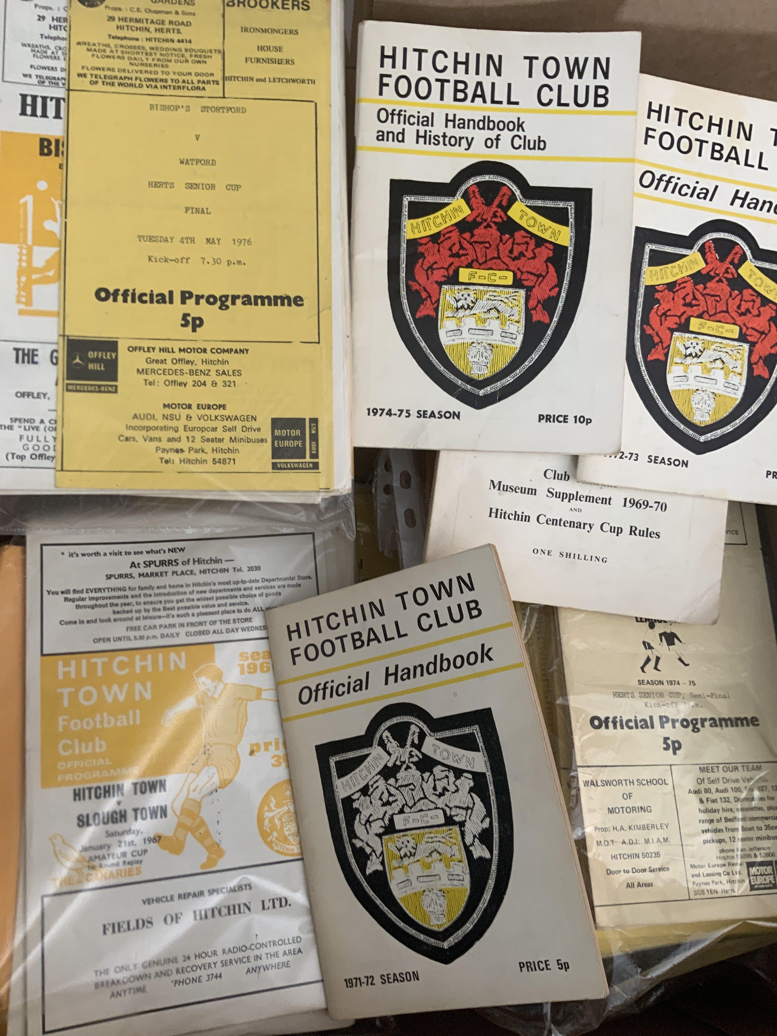 Hitchin Town Football Programmes: From 66/67 to 80/81 home and away with many finals and semis. Includes East Anglian Cup, Herts Senior Cup, Herts Charity Cup with some seasons complete. C/W some 1970s handbooks. (375)