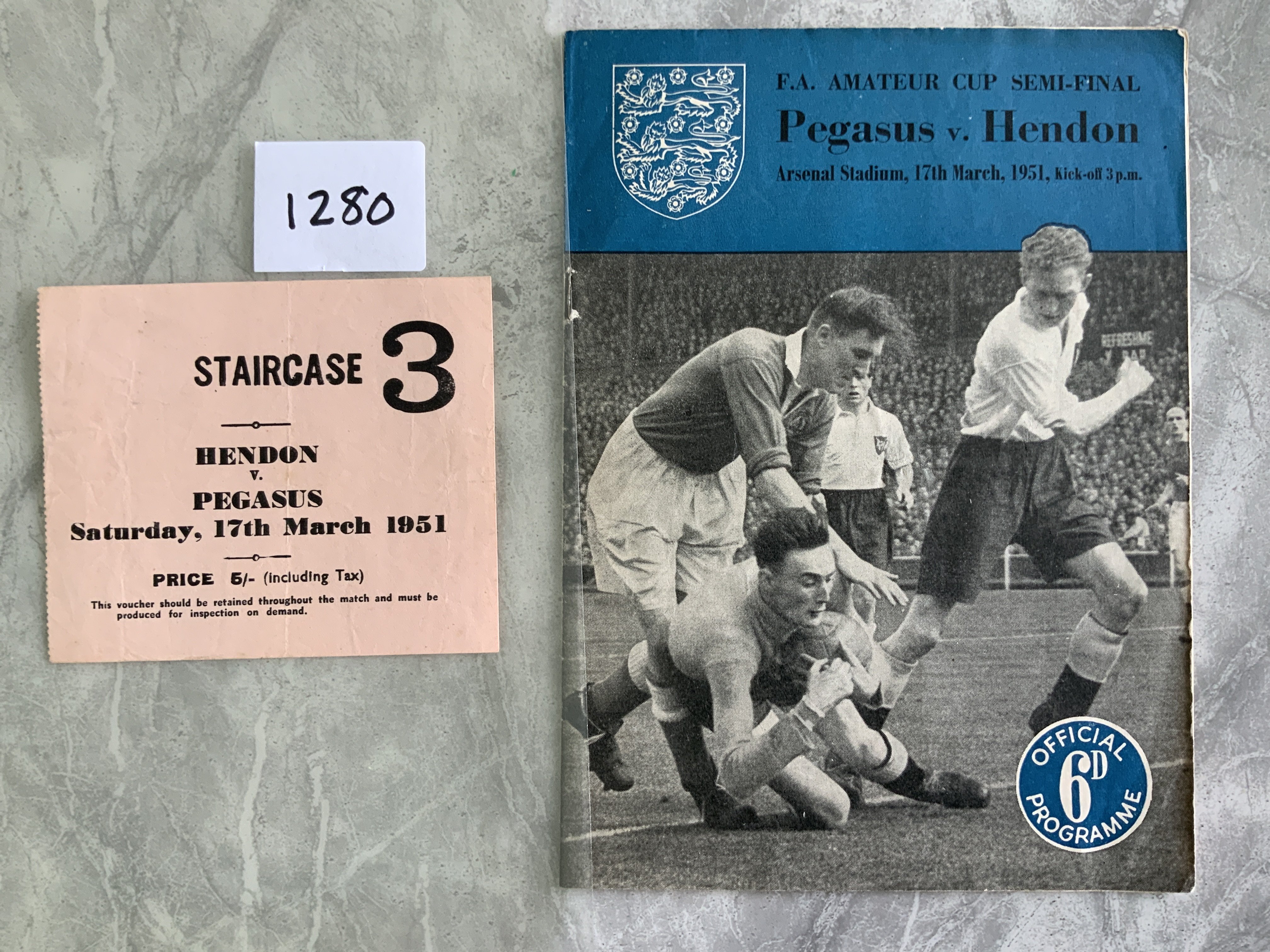 1951 Amateur Cup Semi Final Programme + Ticket: Played at Arsenal between Pegasus and Hendon. Both very good with programme not having any team changes. (2)