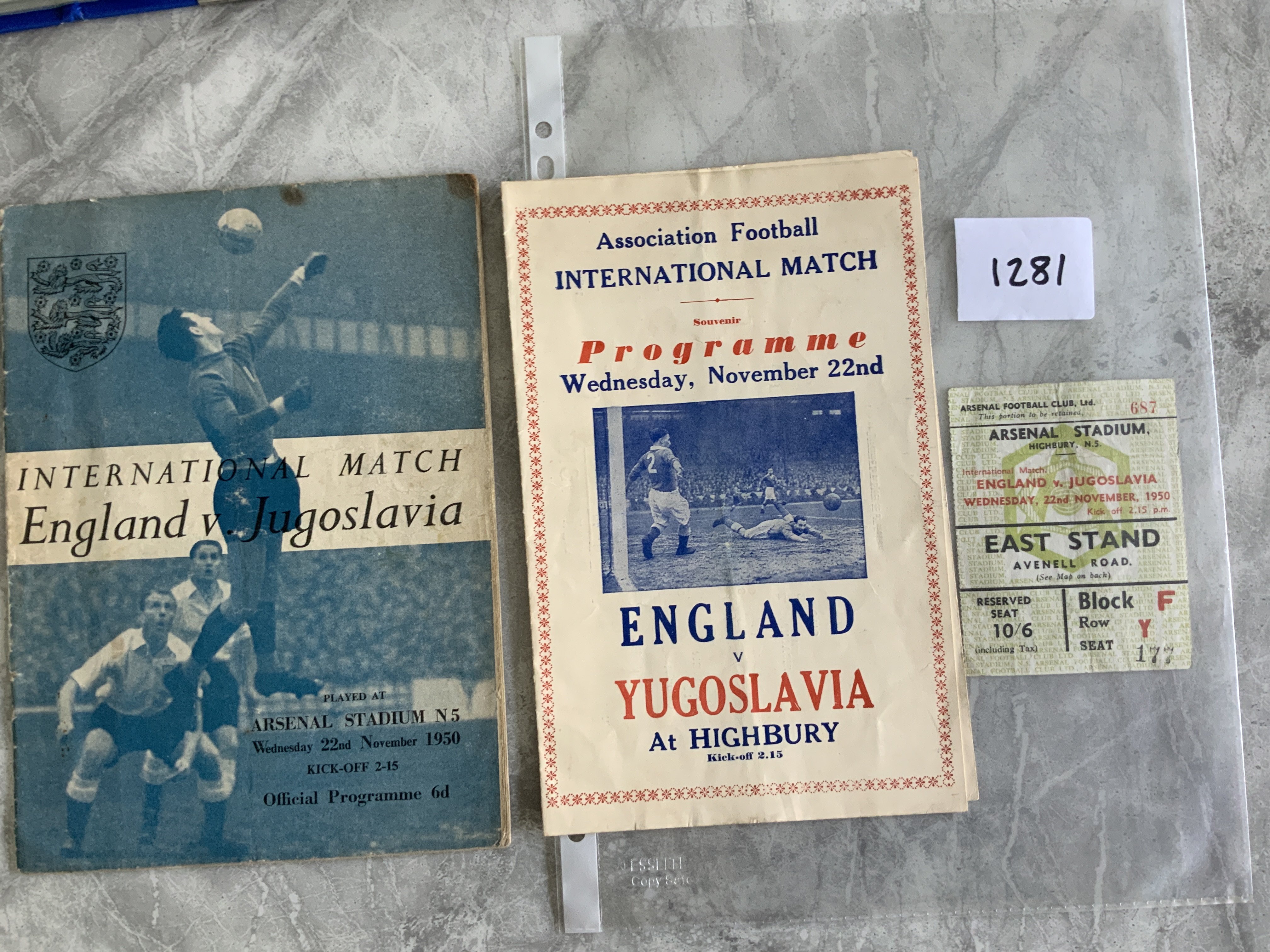1950 England v Yugoslavia Football Programmes + Ticket: Played at Arsenal. Full International official programme with one team change and pirate. Ticket also in good condition with fold. (3)
