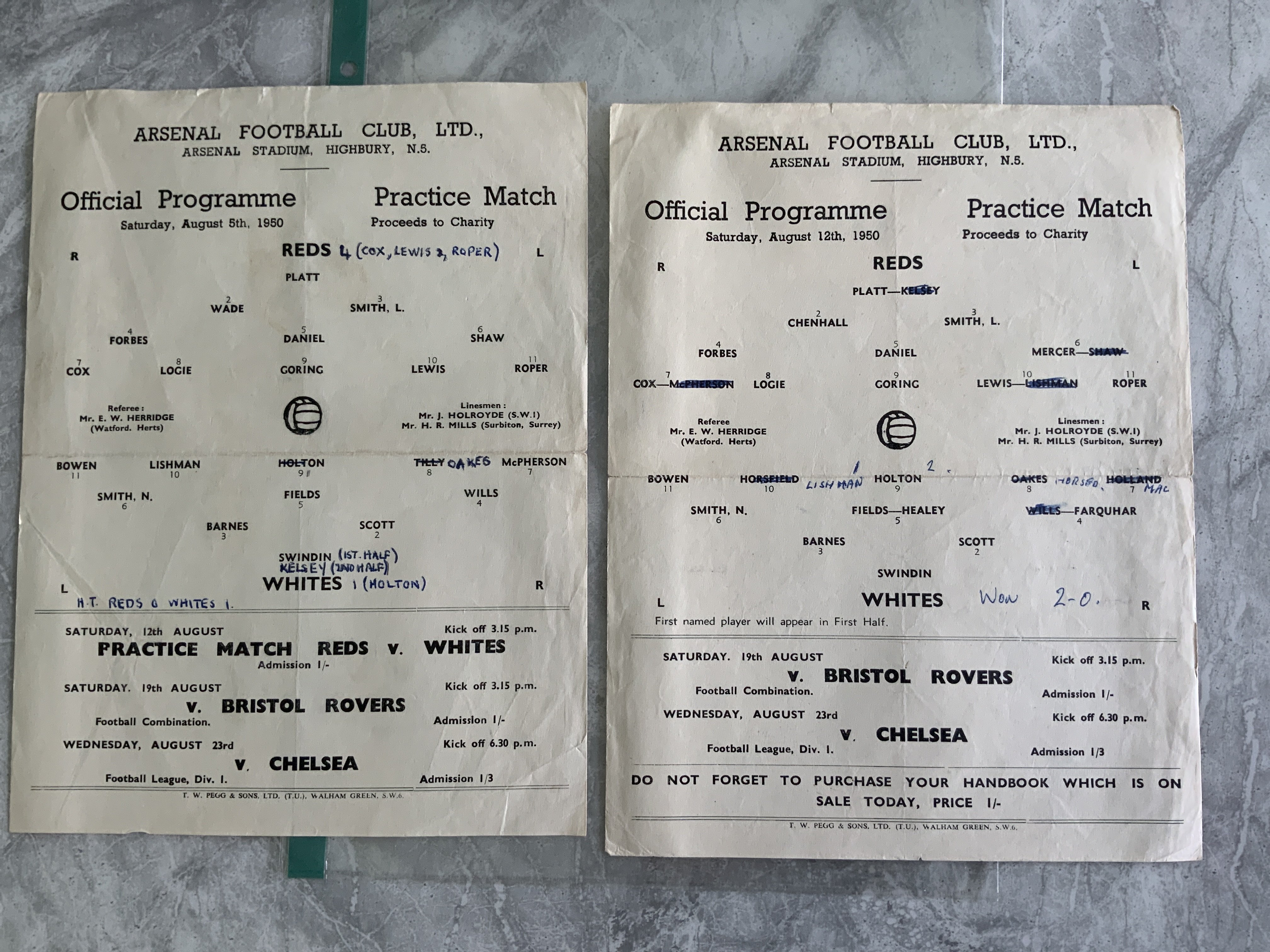 1950 Arsenal Practice Match Football Programmes: 5 8 1950 and 12 8 1950. Both good with team changes and folding. (2)