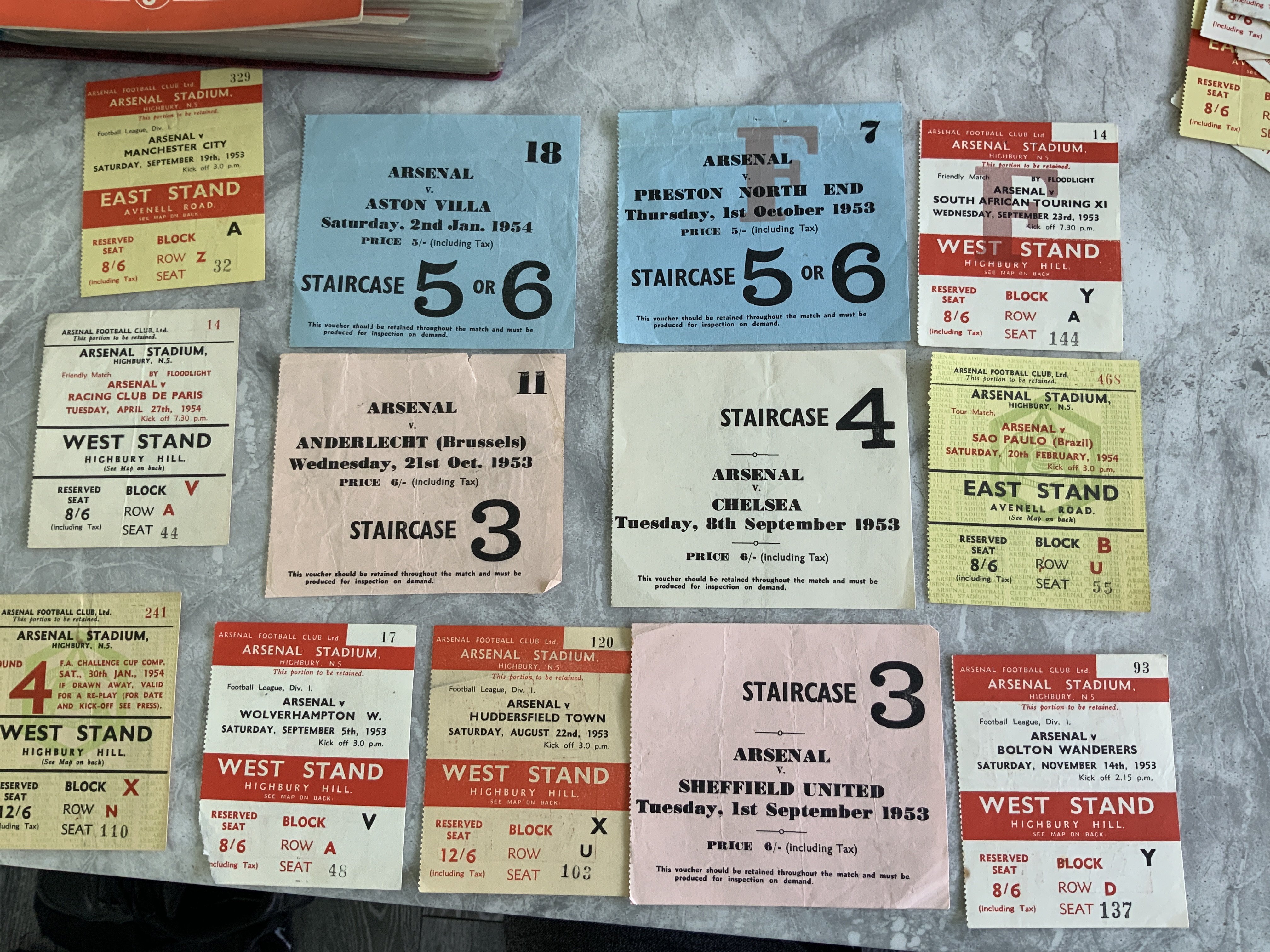 53/54 Arsenal Home Football Tickets: Friendlies v Racing Club, Sao Paulo, Anderlecht, South African Touring X1, Preston, FA Cup v Aston Villa + Norwich, Aston Villa postponed 2/1/54 and the rest league matches. Very good. Rare chance. (26)