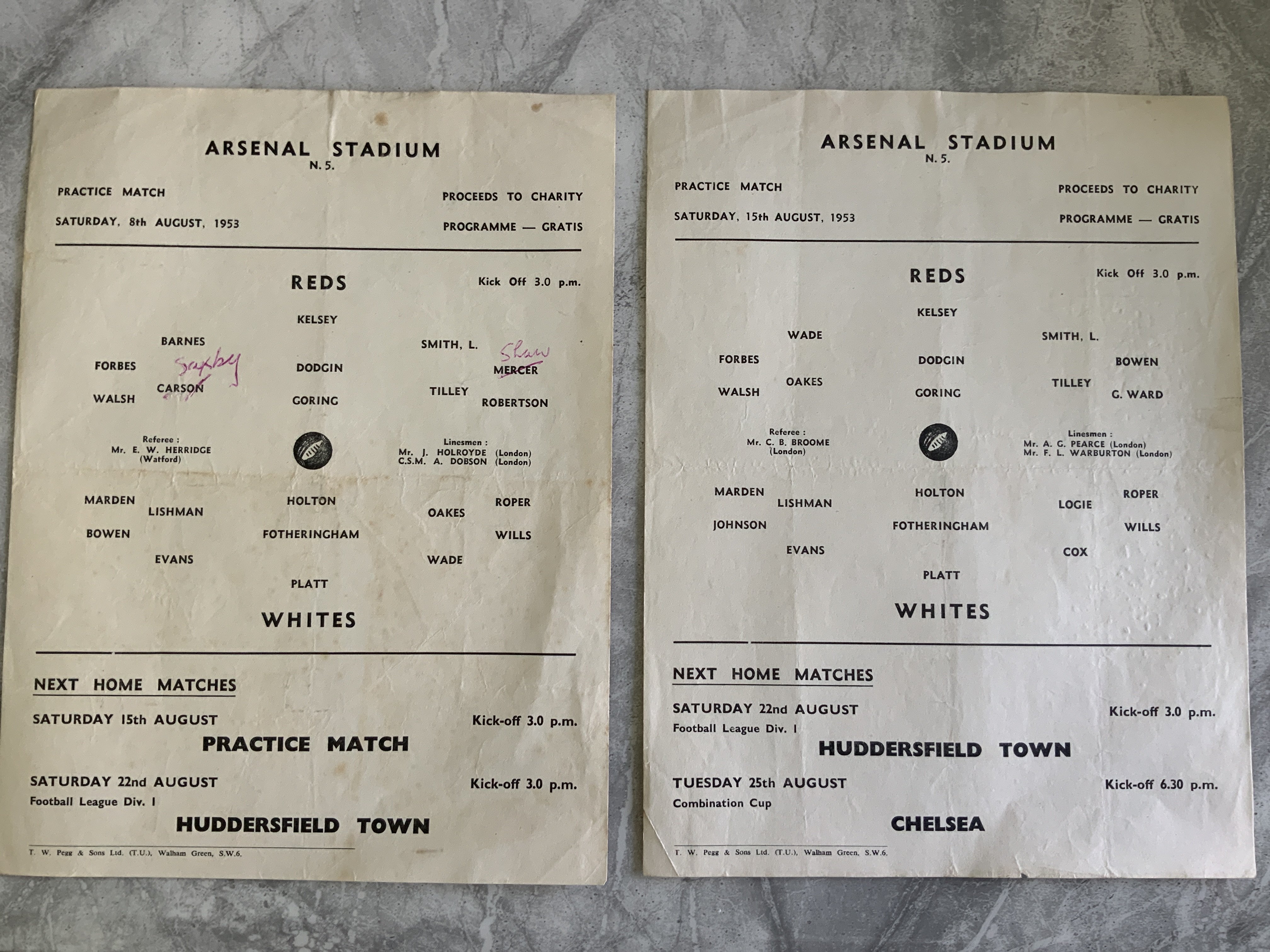 53/54 Arsenal Practice Match Football Programmes: Excellent condition single sheets dated 8/8/53 with two team changes and 15/8/53 with no writing. (2)