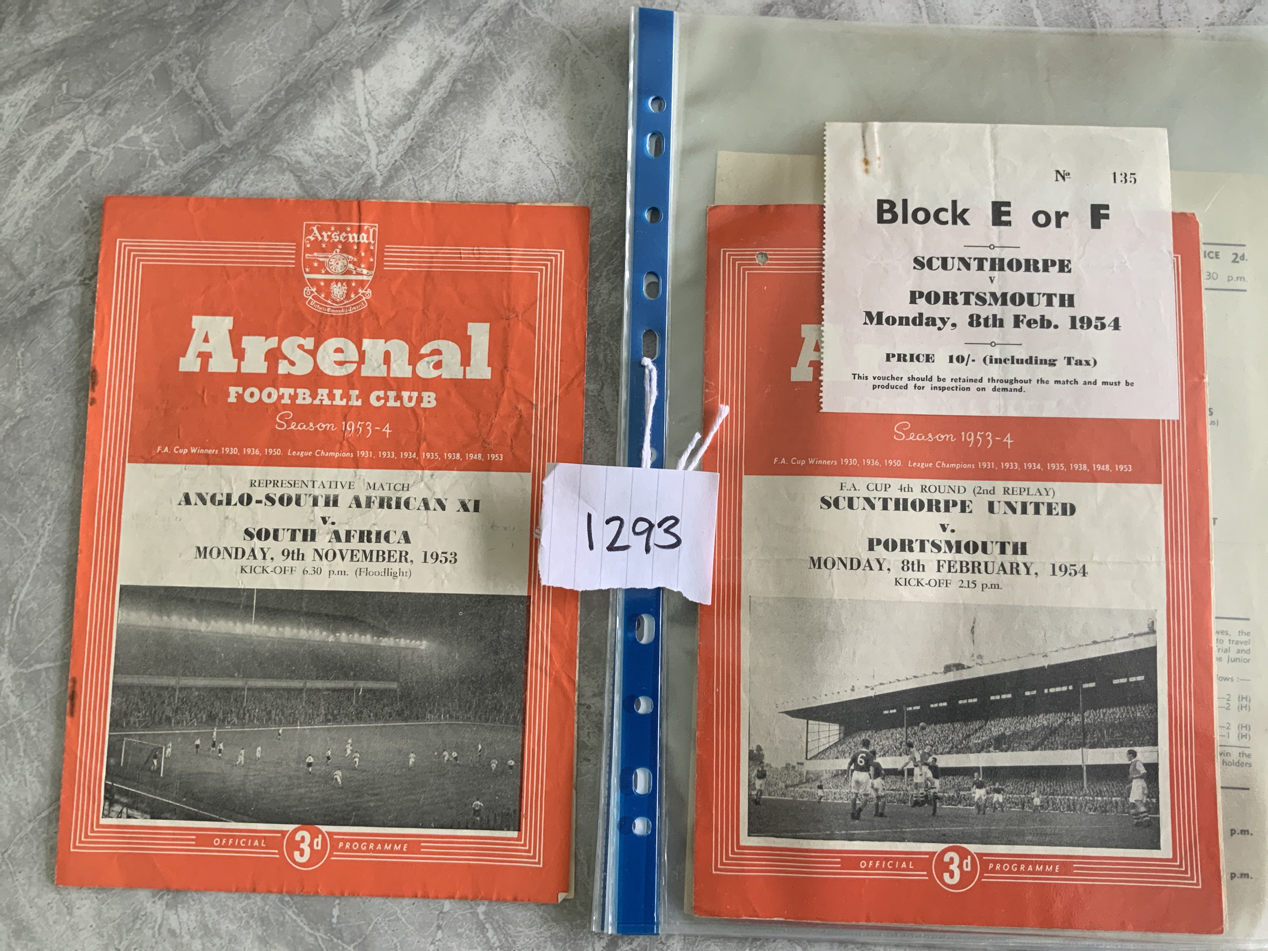 53/54 Football Programmes + Tickets Of Matches At Arsenal: Scunthorpe v Portsmouth FA Cup and England v Young England both have tickets with programmes. Just programmes for Anglo South Africa v South Africa, Islington v Hayes Schools single sheet, London Senior Cup Final and Boxers v Jockeys. Mainly good.