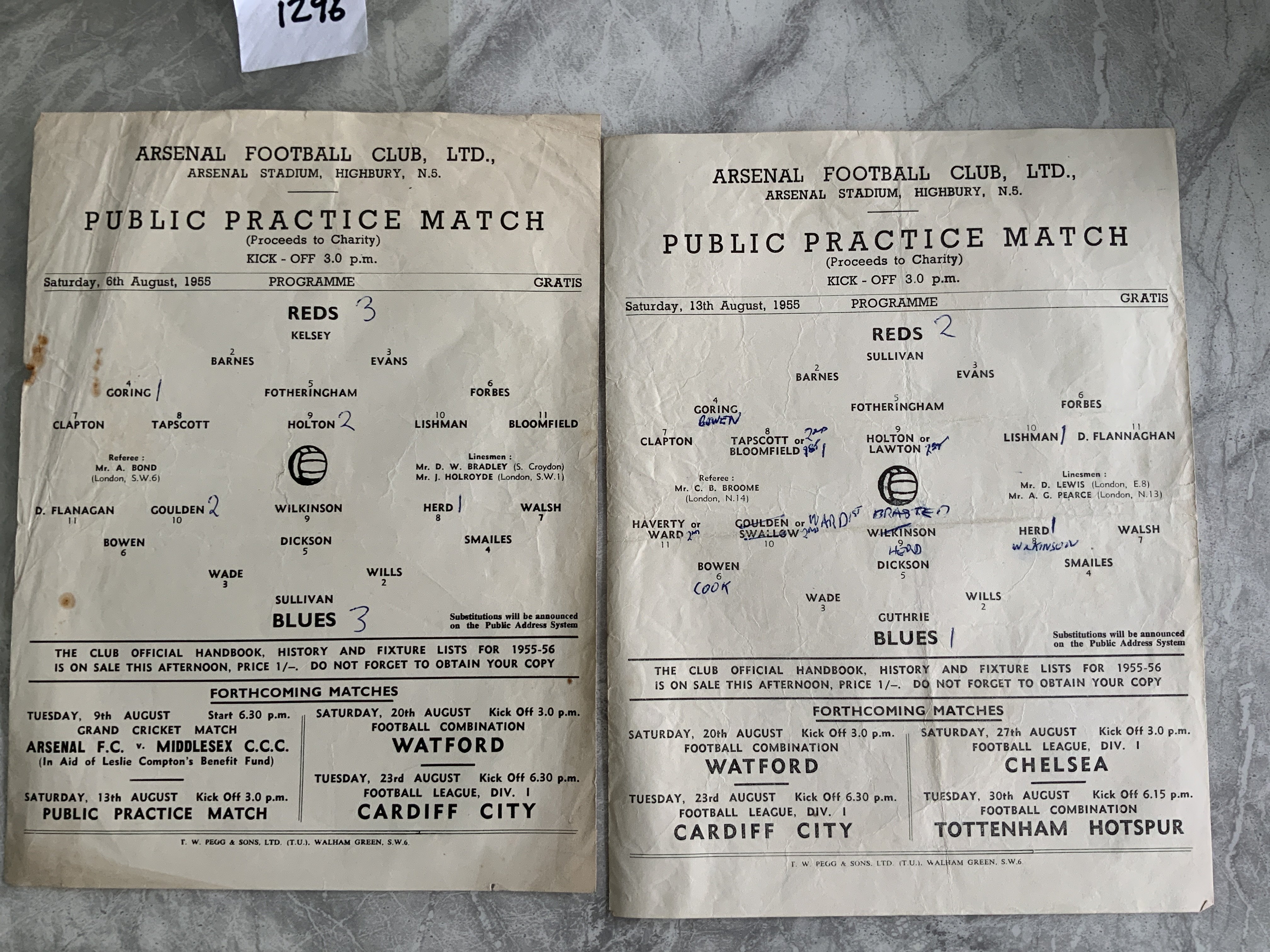 55/56 Arsenal Practice Match Football Programmes: Single sheets dated 6 8 1955 and 13 8 1955. Slight mark to earlier one and writing to both. Fair/good. (2)