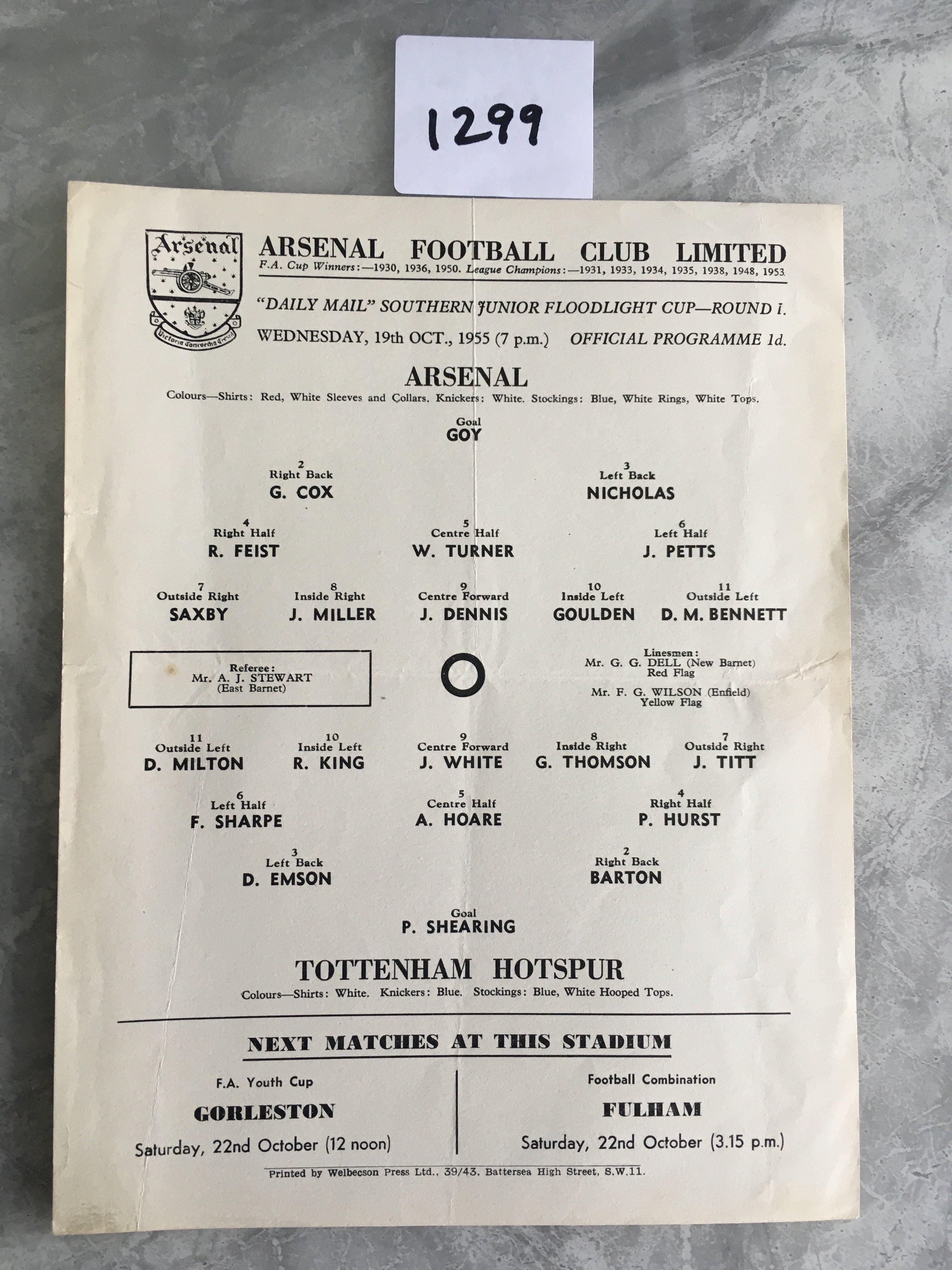 55/56 Arsenal v Tottenham SJFC Football Programme: Single sheet dated 19 10 1955 in excellent condition with no team changes.
