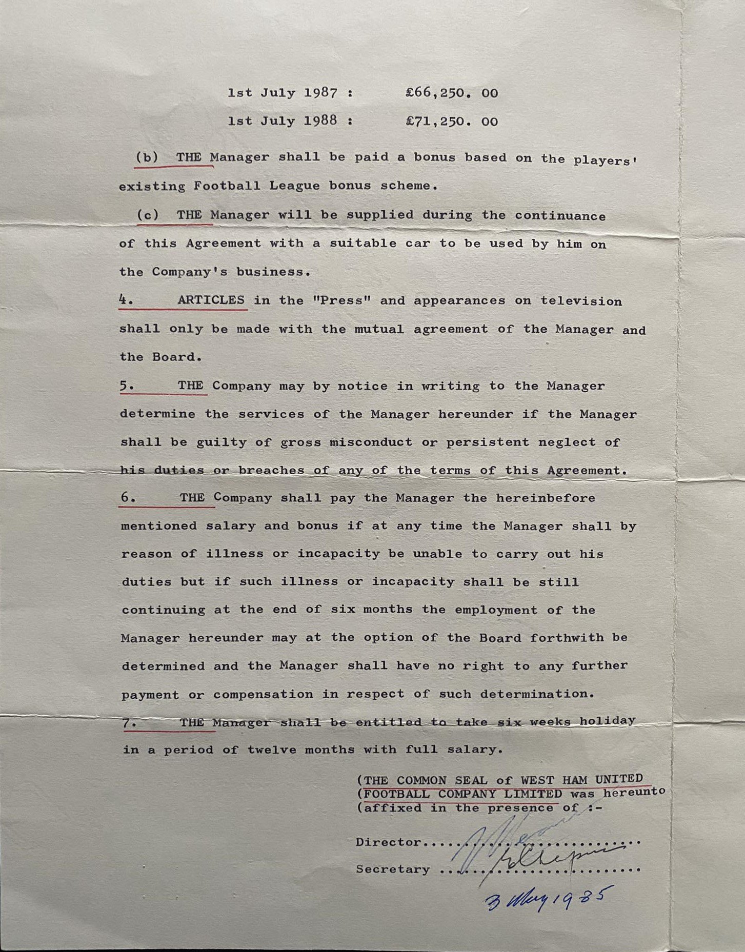 John Lyalls 1985 West Ham Football Managers Contract: In the season where West Ham achieved their highest place in division one. Includes some personal wranglings with the board after they blocked his lucrative move to QPR. The family do not wish to publish these but are willing to pass onto the buyer and would like them to remain in confidence. Details annual salary etc.