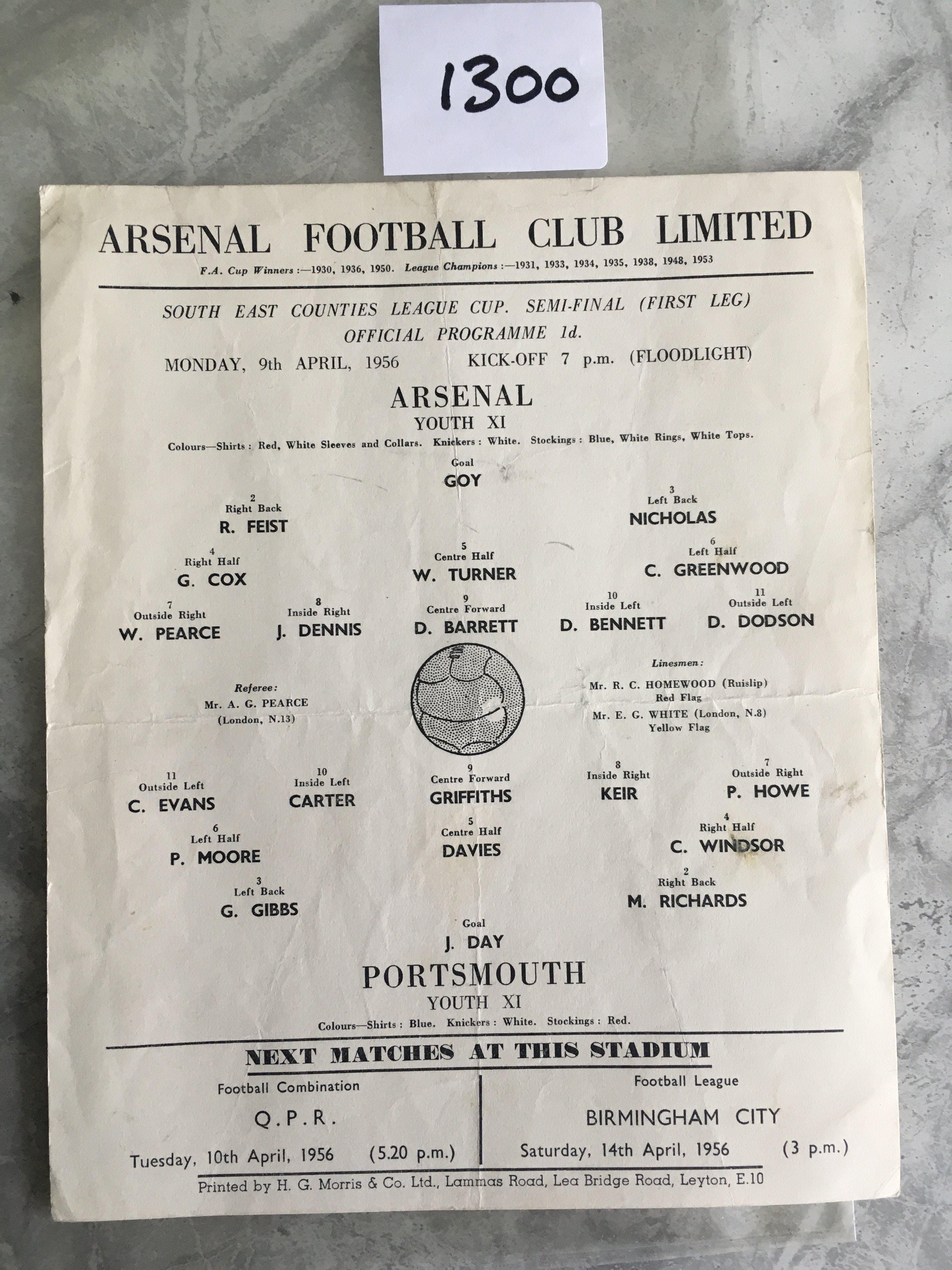 55/56 Arsenal v Portsmouth SECLC Semi Final Football Programme: Single sheet with no team changes dated 9 4 1956. South East Counties League Cup match. Good with folding.