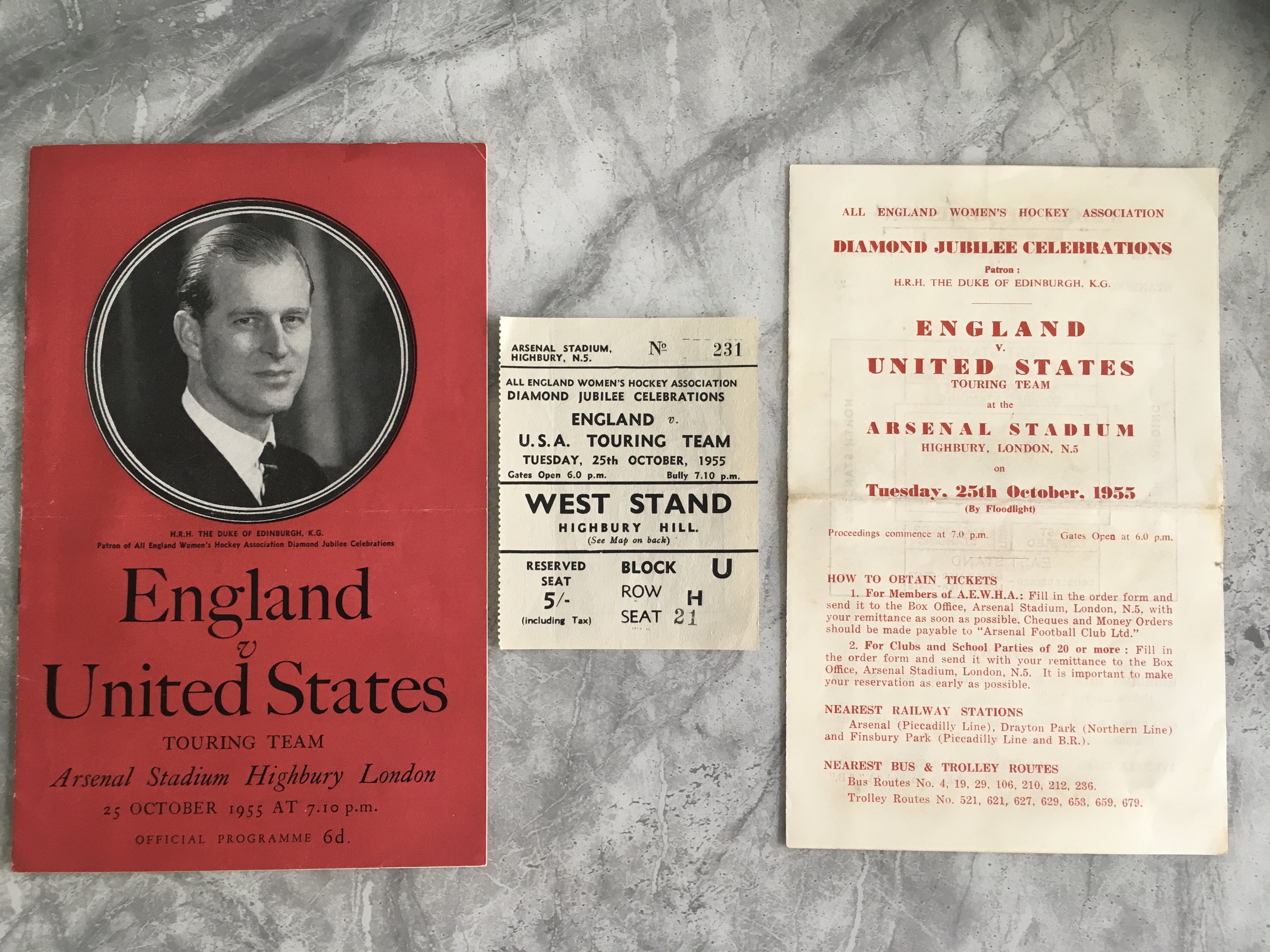 55/56 Programmes Of Matches At Arsenal: England Womens Hockey Team v USA programme, ticket information and ticket, Arsenal v Middlesex Cricket Compton benefit and Burnley v Chelsea FA Cup. All good. (5)