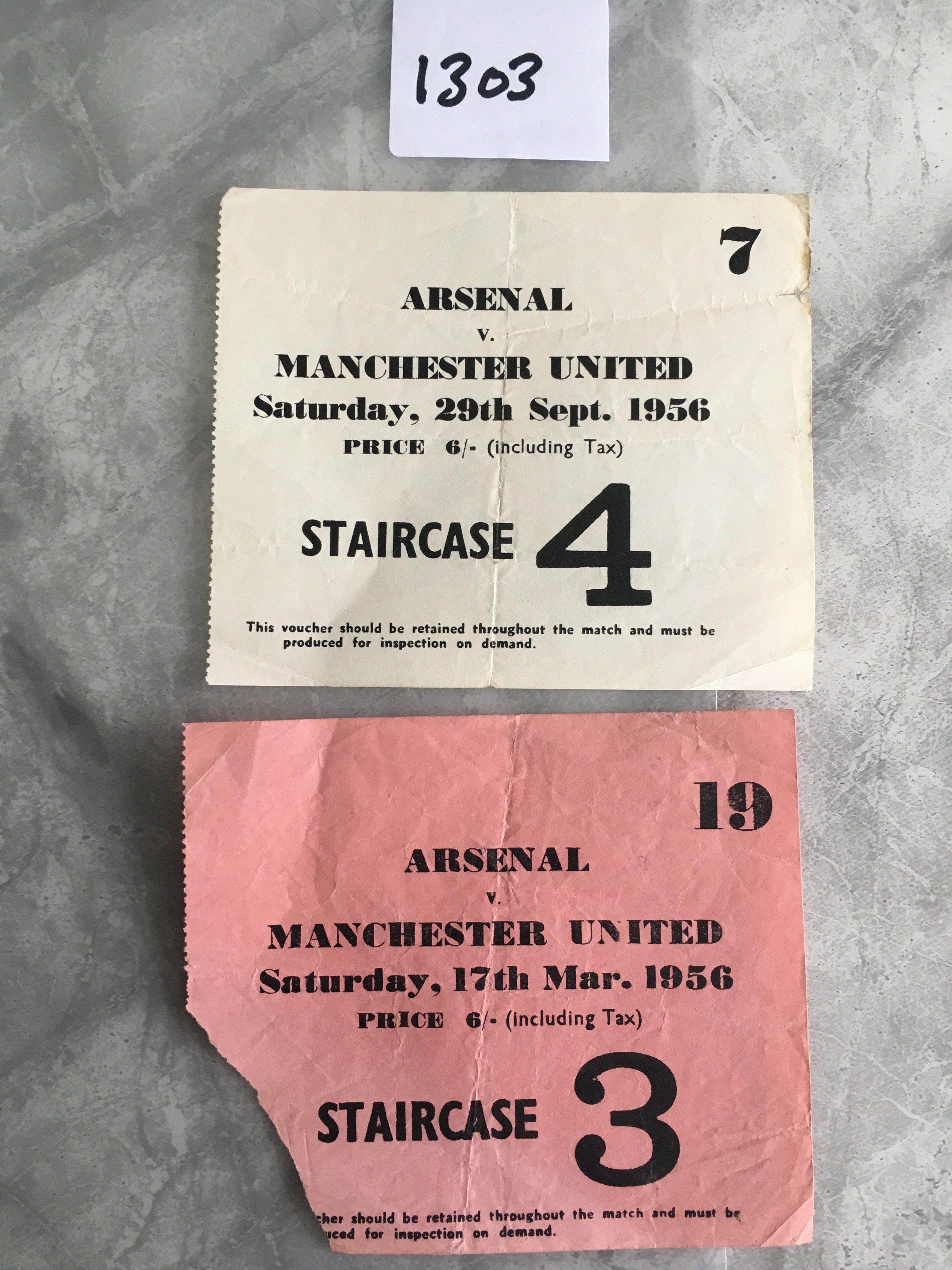 1950s Arsenal v Manchester United Football Tickets: 55/56 with piece off of corner for entry and 56/57. Both good played at Highbury with folding. (2)