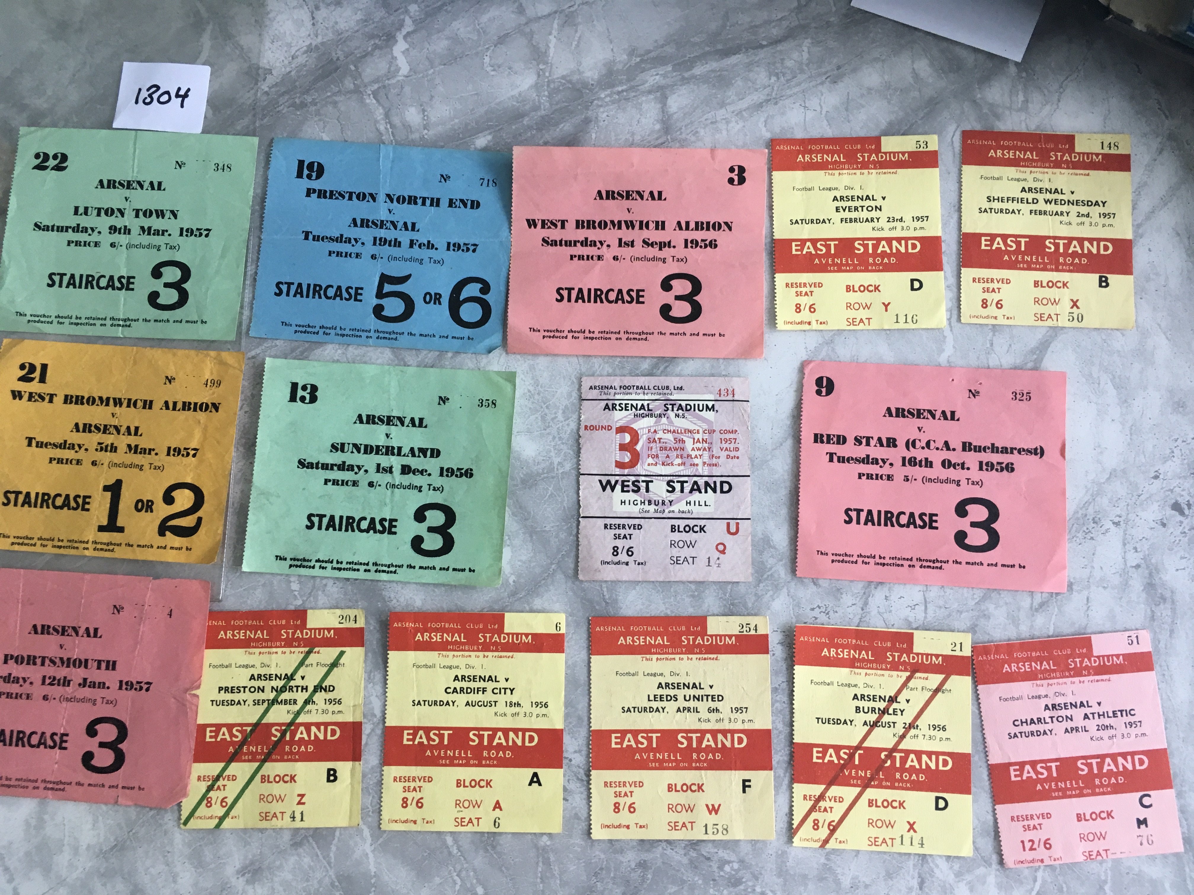 56/57 Arsenal Home Football Tickets: Friendlies v Red Star, FA Cup v Stoke and the rest league matches. Very good. Rare chance. (15)