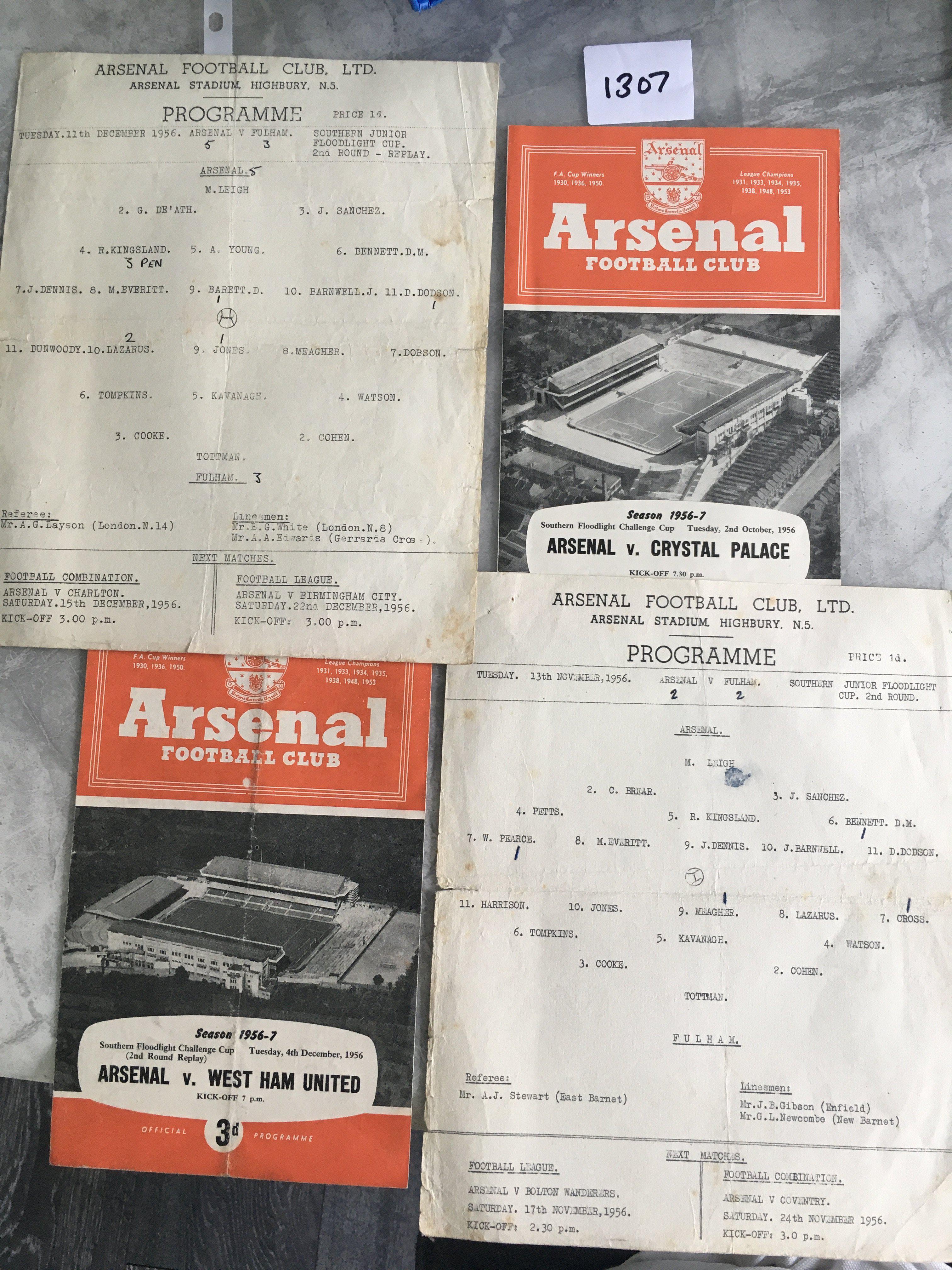 56/57 Arsenal Home SFC Football Programmes: Large single sheets v Fulham dated 13/11 and 11/12 replay plus standard Arsenal programmes for Crystal Palace and West Ham. Overall fair. (4)