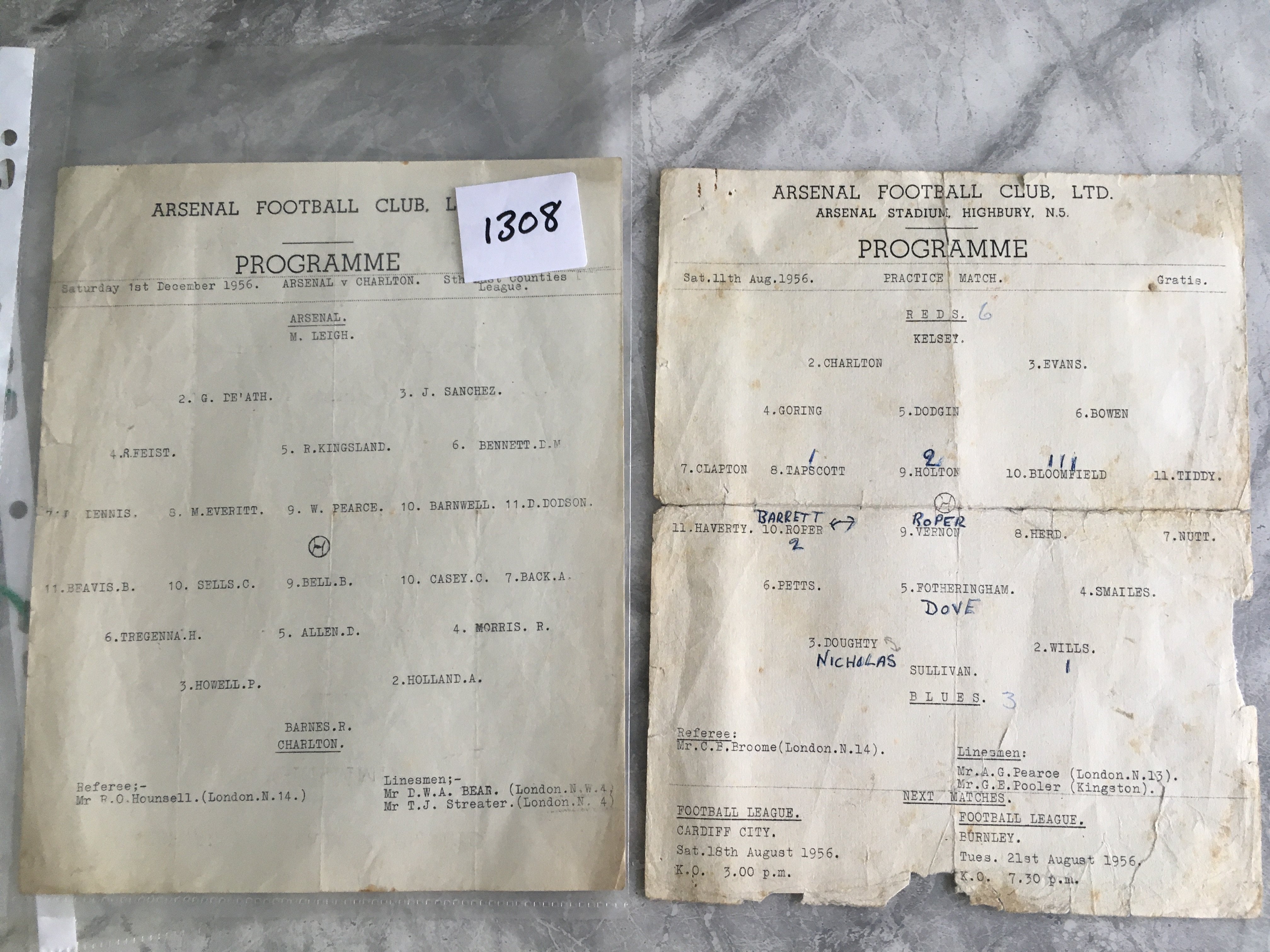 56/57 Arsenal Single Sheet Football Programmes: Good condition South East Counties match dated 1 12 1956 v Charlton and poor condition practice match dated 11 8 1956. (2)