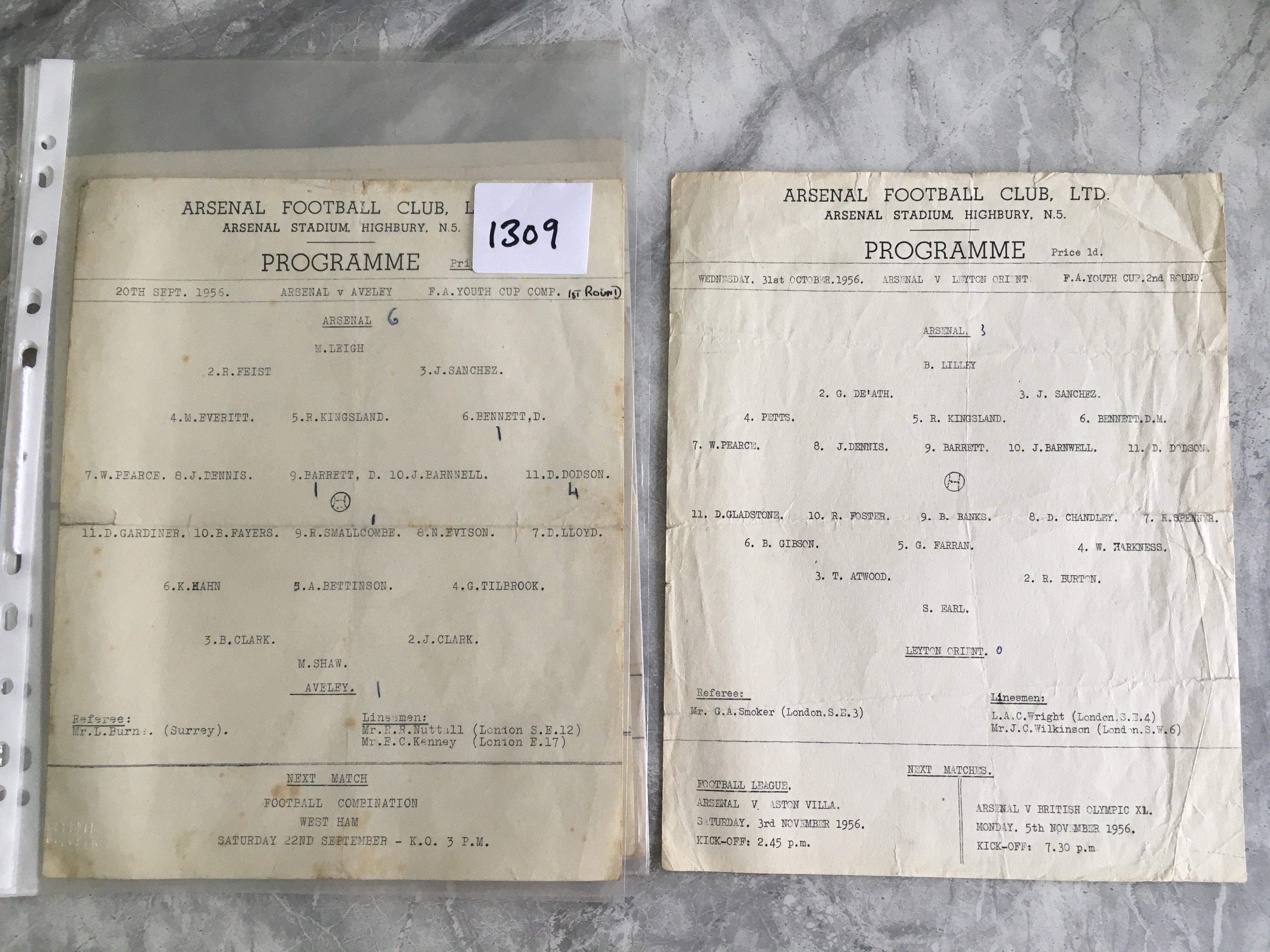 56/57 Arsenal Youth Cup Football Programmes: Good condition single sheets v Aveley Leyton Orient Charlton and Chelsea. 3 have score and scorers noted. (4)