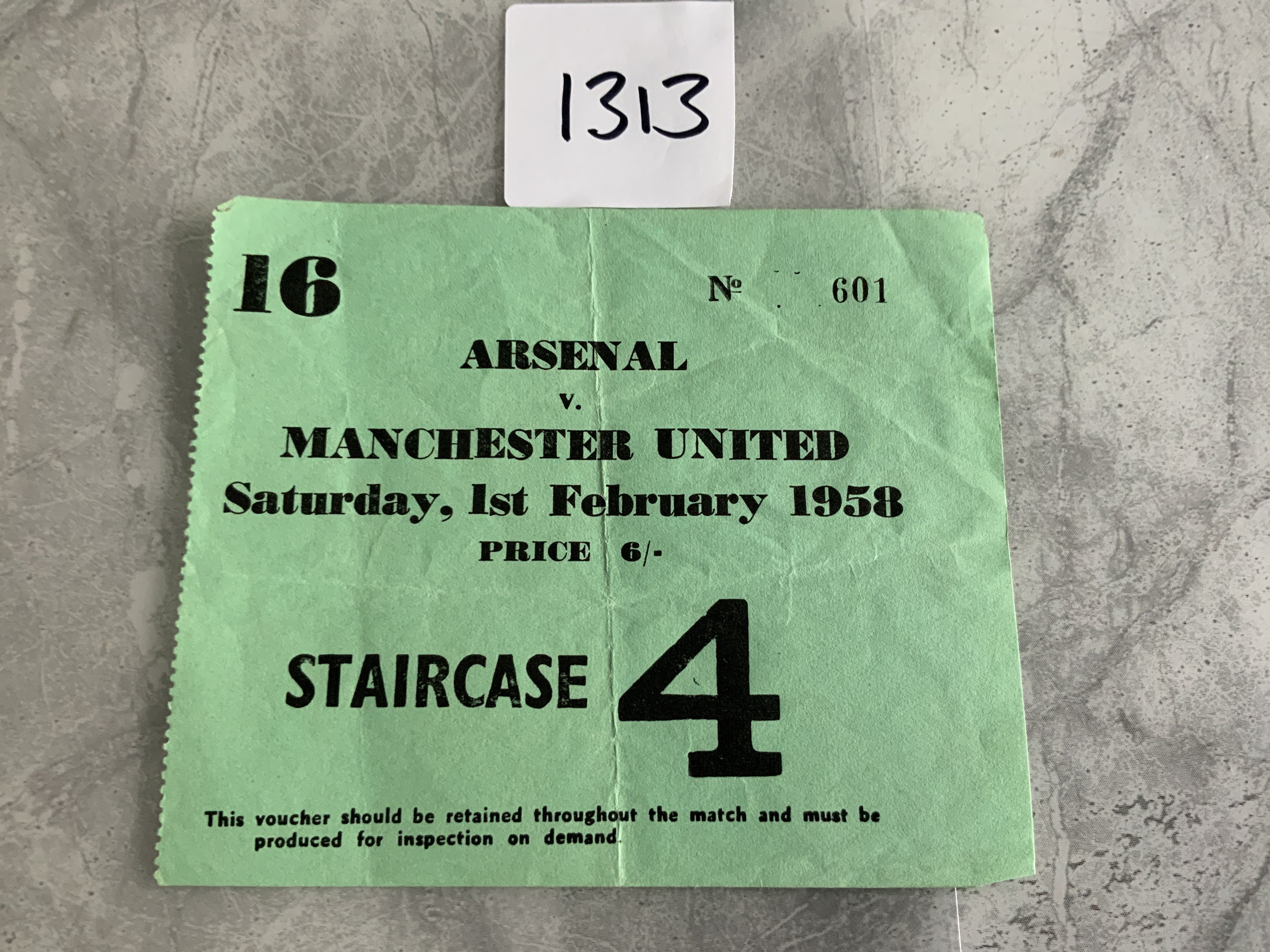 57/58 Arsenal v Manchester United (Munich) Football Ticket: Incredibly rare ticket and famous for two reasons including being the last game the Busby Babes played in England and the best match ever played at Highbury which ended in a 5-4 Man Utd win. Good condition with fold.