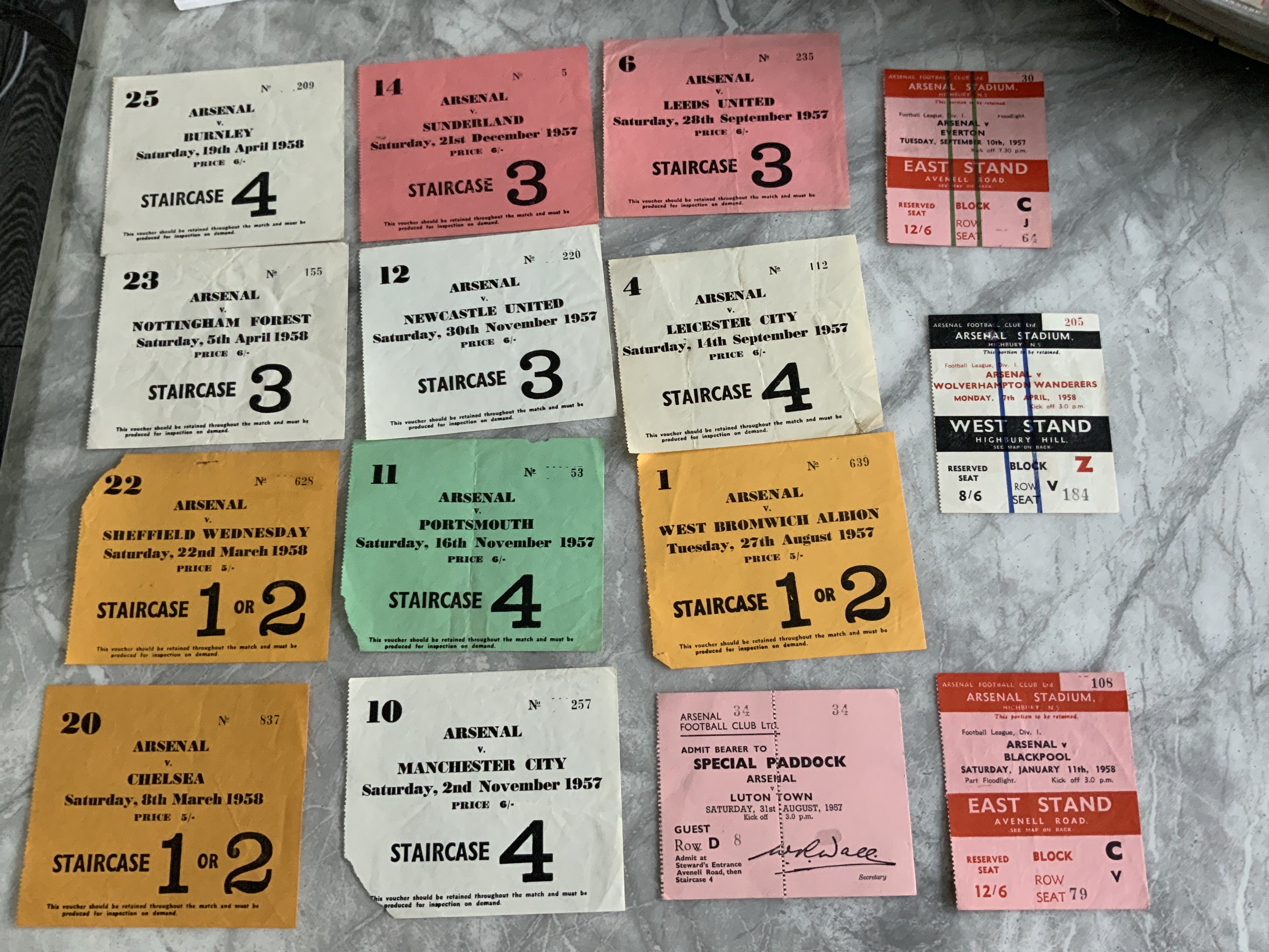 57/58 Arsenal Home Football Tickets: Very good condition league matches in the two different styles of standing and seats. Includes Sunderland Leeds Wolves Everton and Portsmouth. Rare chance. (15)