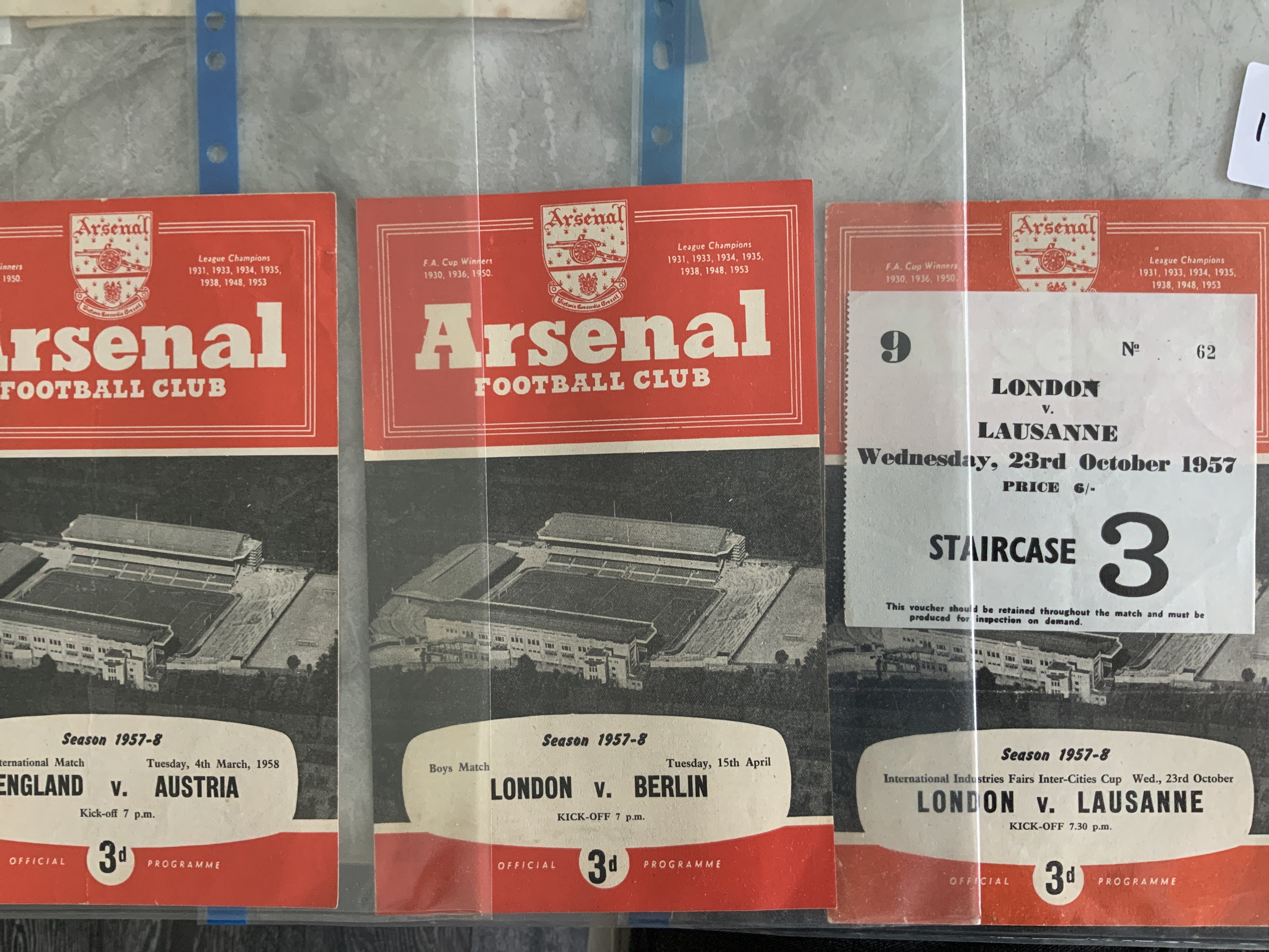 57/58 Football Programmes Of Matches Played At Arsenal: London v Lausanne with ticket plus London v Berlin Boys and England v Austria Youth. (4)