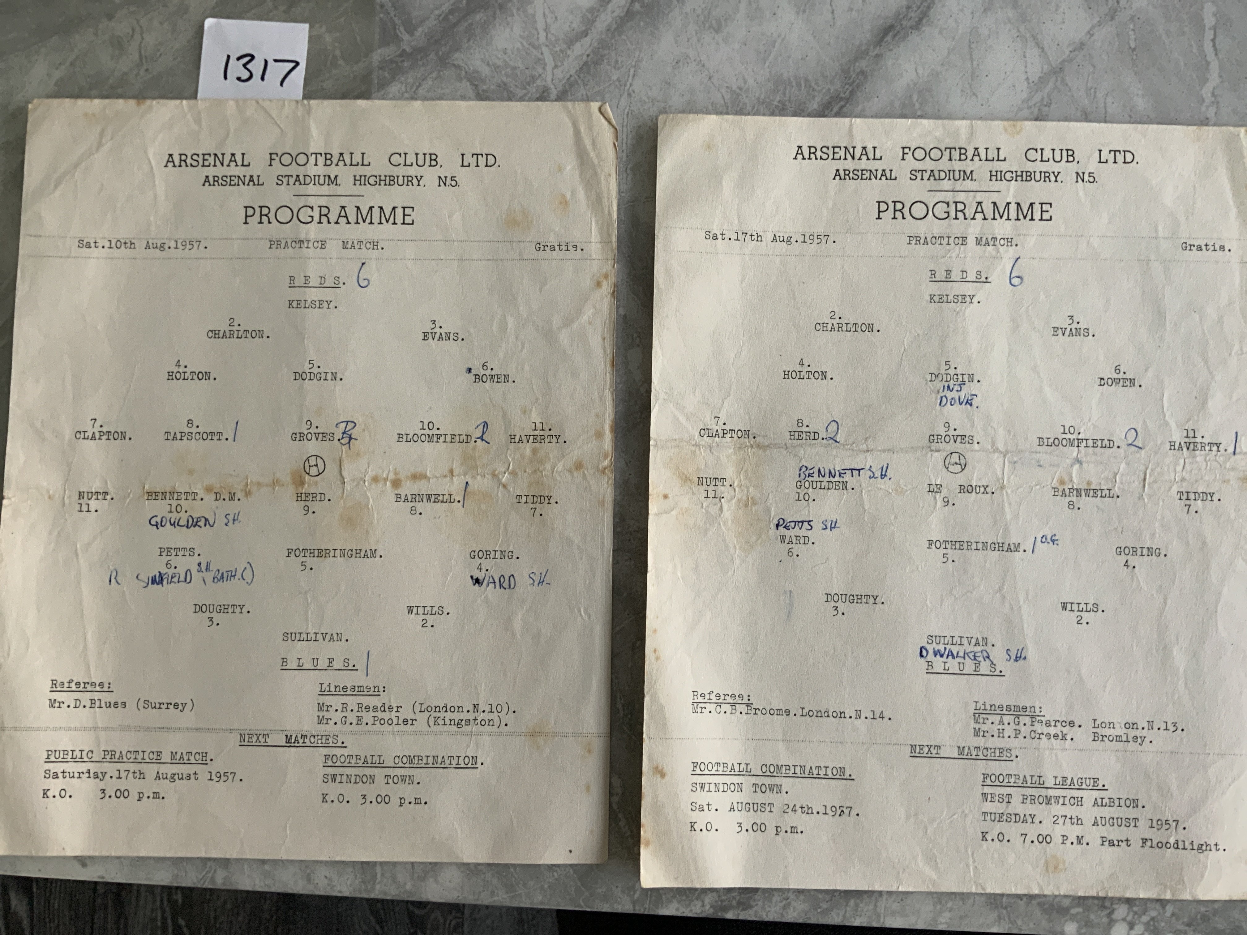 57/58 Arsenal Practice Match Football Programmes: Single sheets with writing dated 10 8 1957 and 17 8 1957. Fair/good with fold and light marks. (2)
