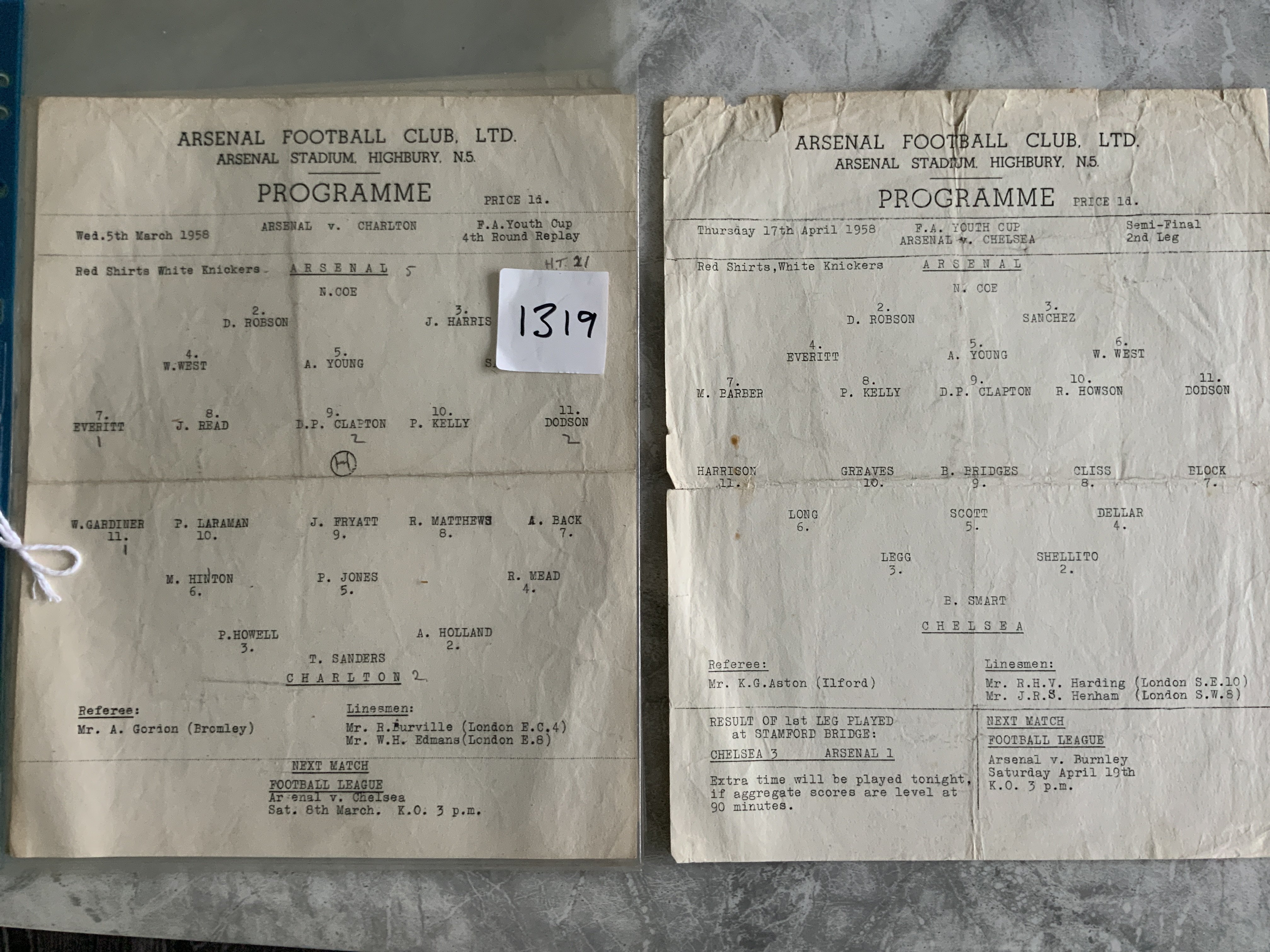 57/58 Arsenal Youth Cup Football Programmes: Single sheets mainly with 3 having writing to include Charlton Chelsea Briggs Sports Watford and Icknield. Fair/good with folding. (5)