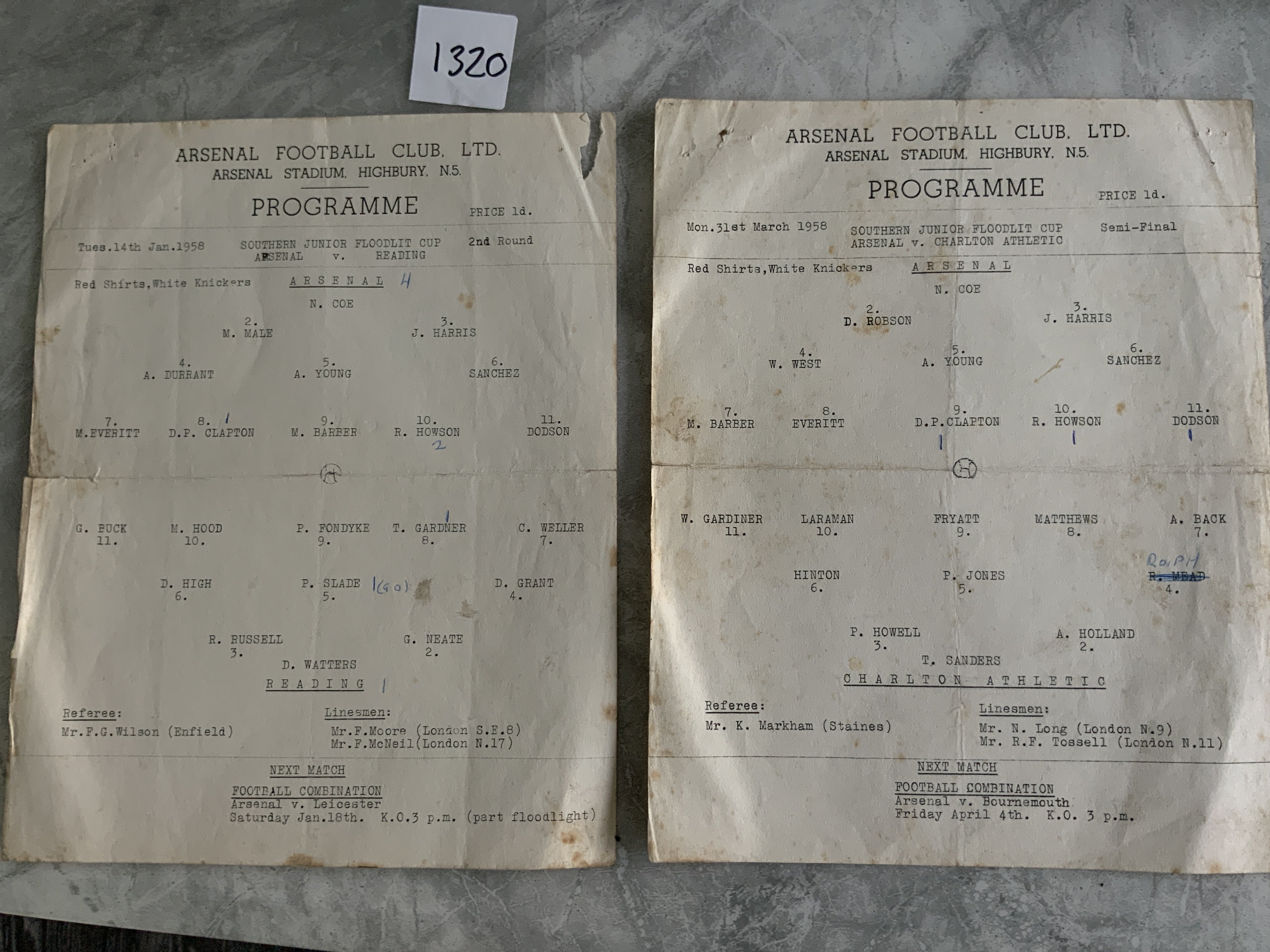 57/58 Arsenal SJFC Football Programmes: Single sheets with writing v Reading and Charlton semi final. Fair condition with some faults. (2)